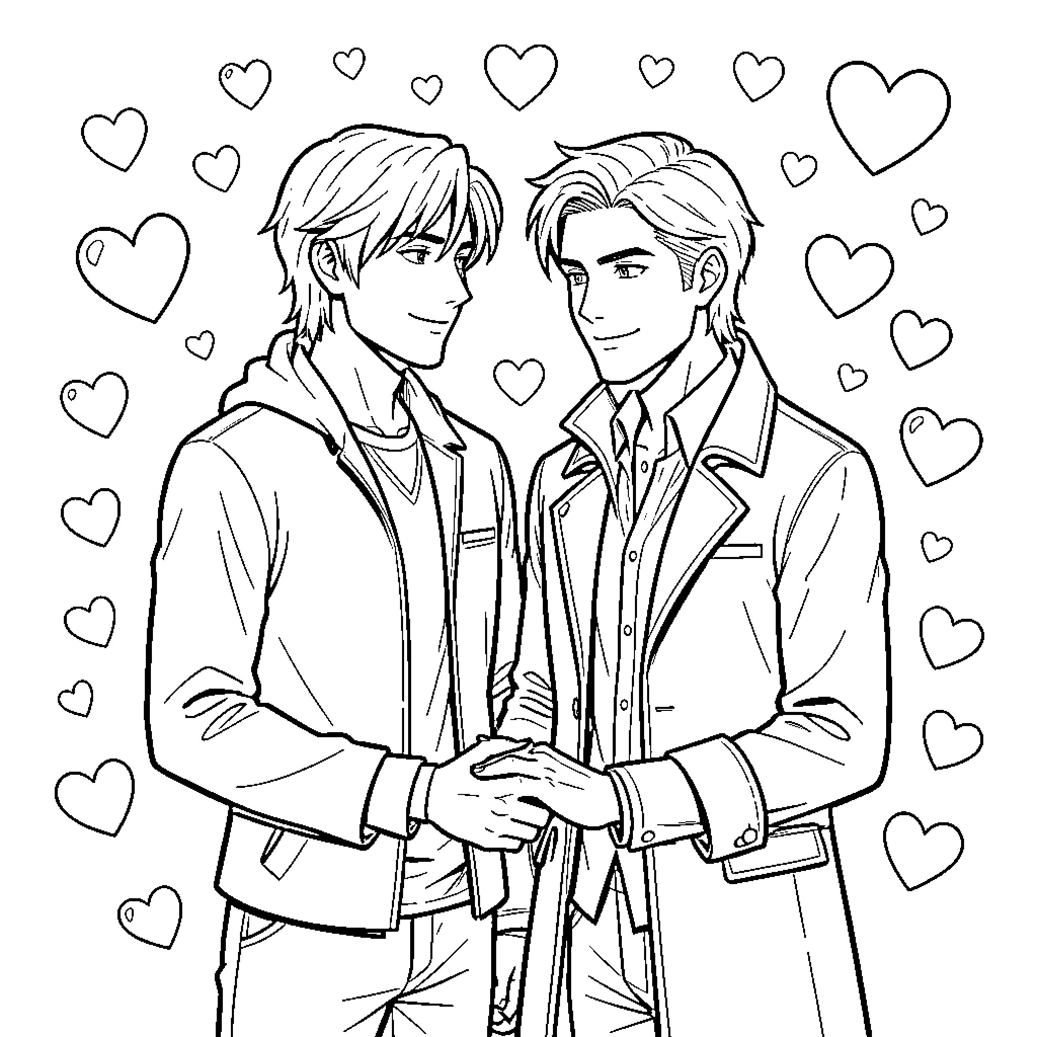 Edward's Romantic Embrace with Gentleman Coloring Page (free black-and-white line drawing printable PDF for all, from beginners to advanced learners, including children, teens, adults, and seniors)