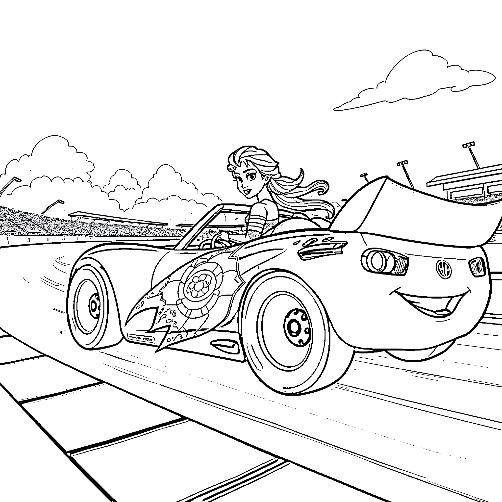 Queen Elsa driving a futuristic car on the road Coloring Page (free black-and-white line drawing printable PDF for all, from beginners to advanced learners, including children, teens, adults, and seniors)