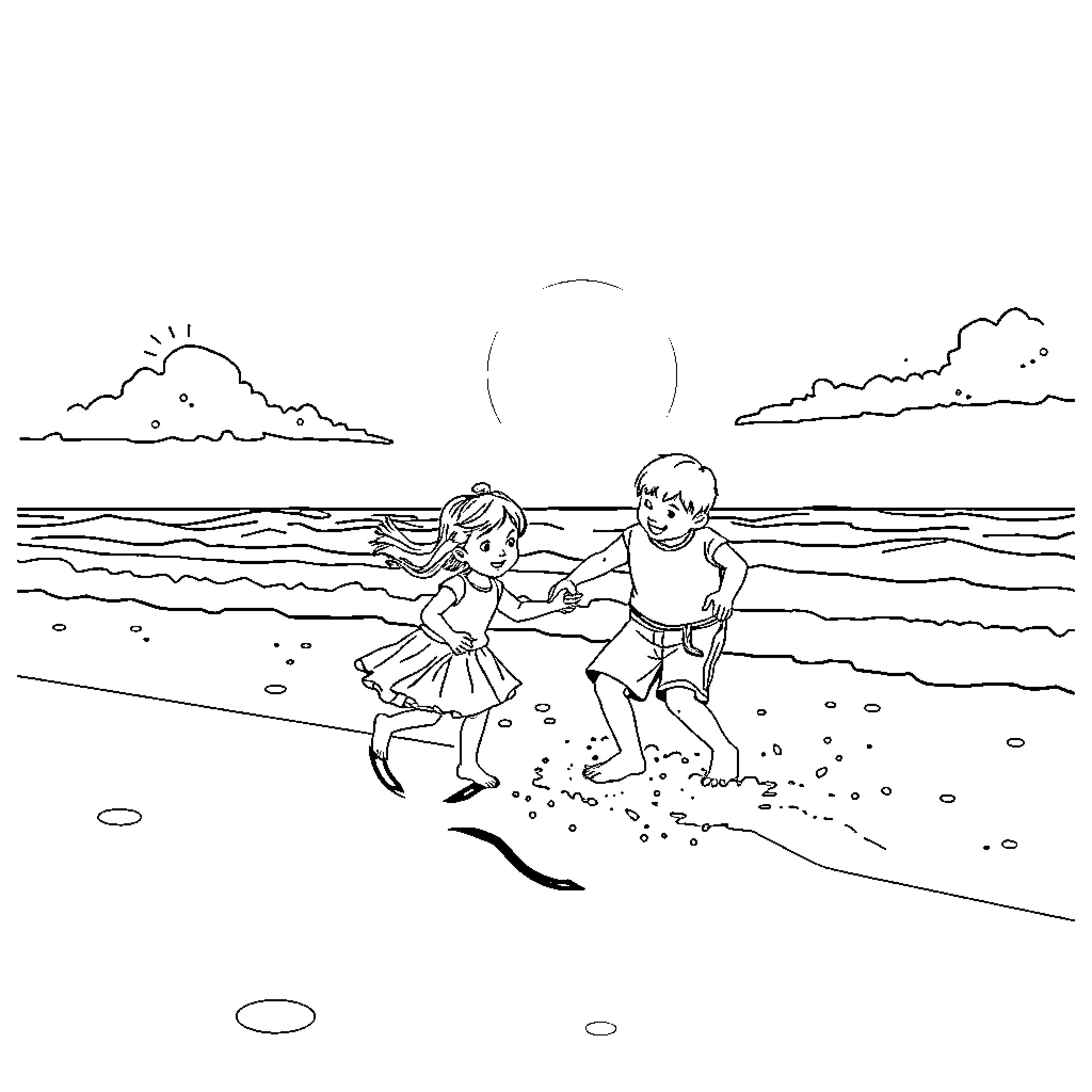 Grandparents playing joyfully with grandchildren on the beach Coloring Page (free black-and-white line drawing printable PDF for all, from beginners to advanced learners, including children, teens, adults, and seniors)