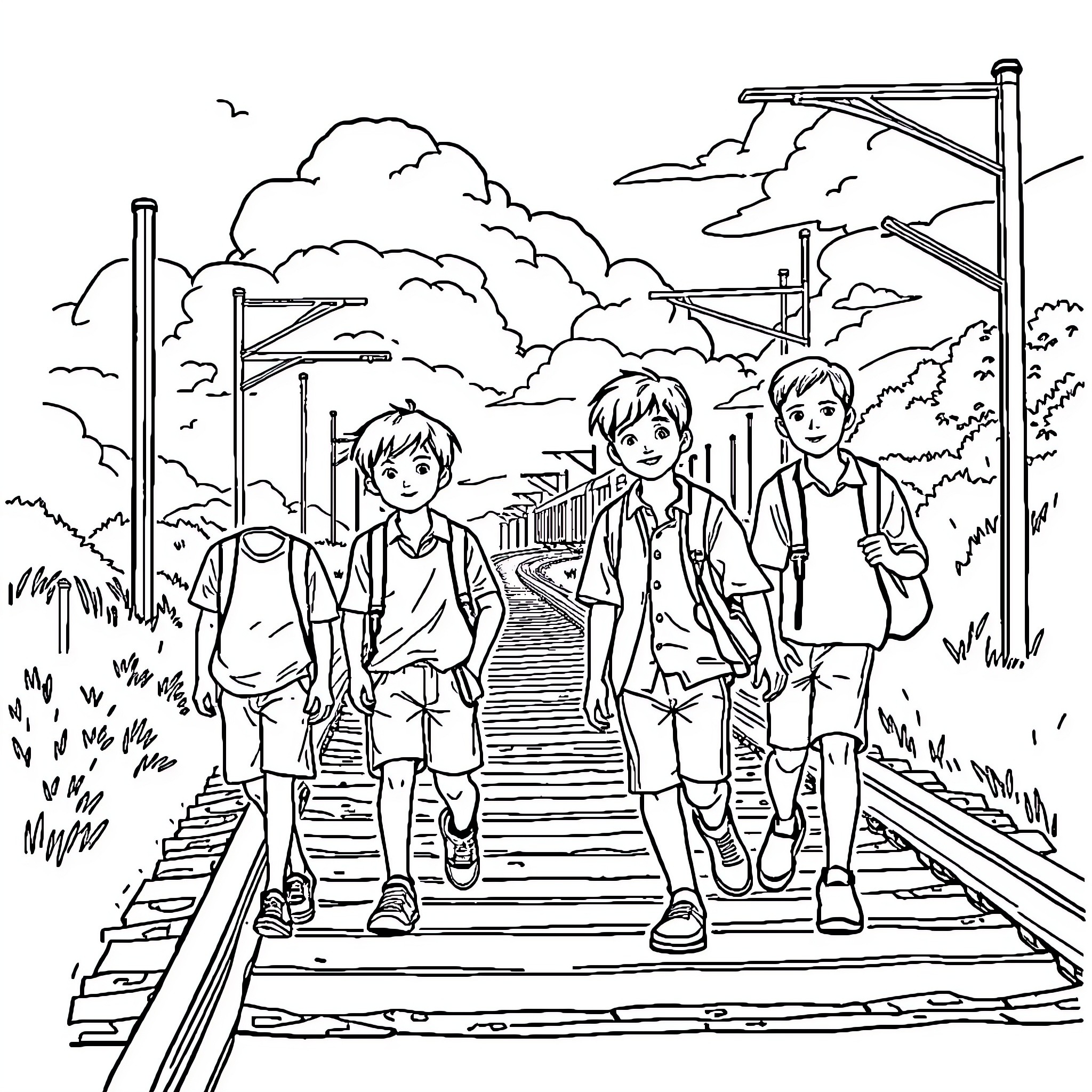 Stand by Me: Three Friends Walk on Train Tracks Coloring Page (free black-and-white line drawing printable PDF for all, from beginners to advanced learners, including children, teens, adults, and seniors)