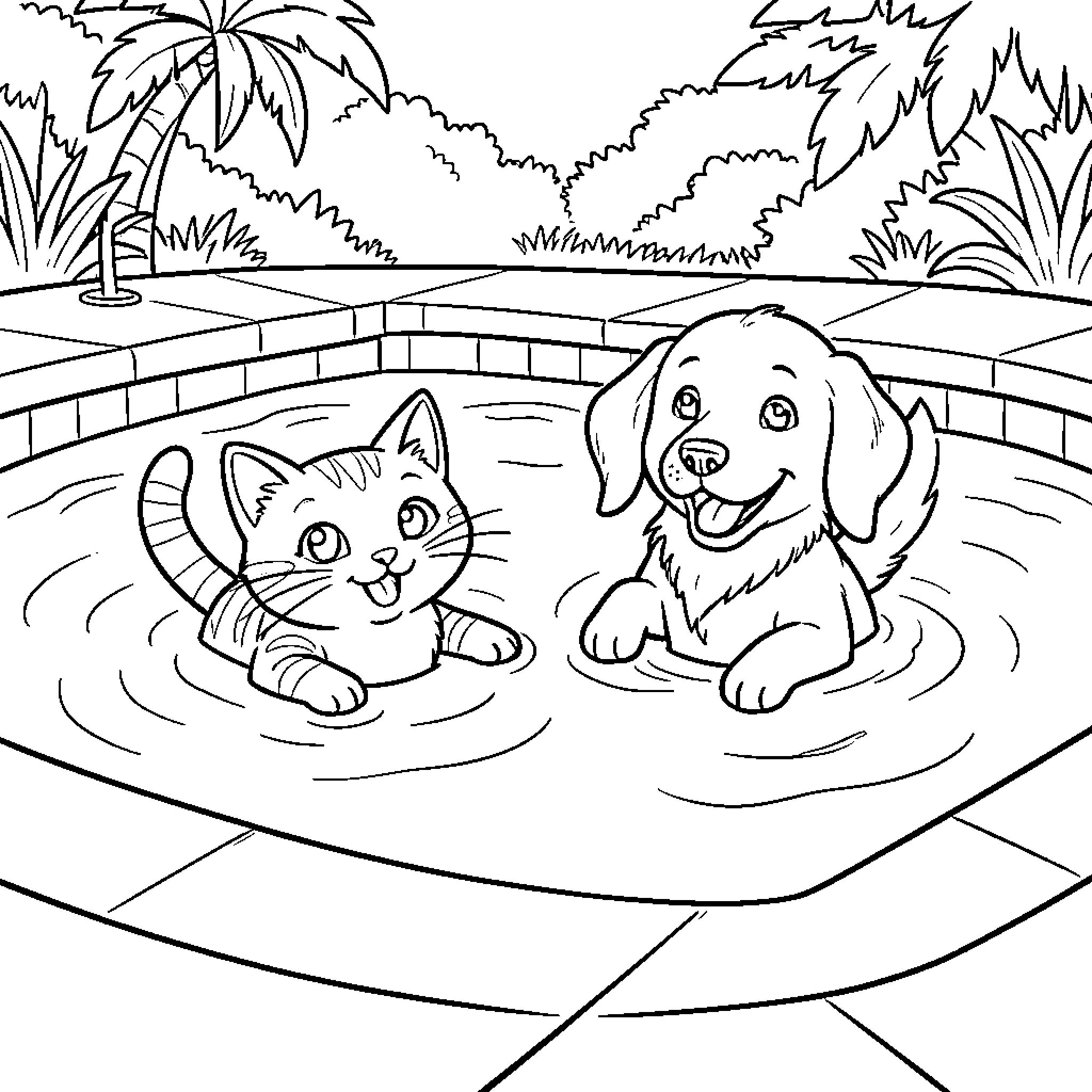 Cat and Dog Playing in the Pool Coloring Page (free black-and-white line drawing printable PDF for all, from beginners to advanced learners, including children, teens, adults, and seniors)