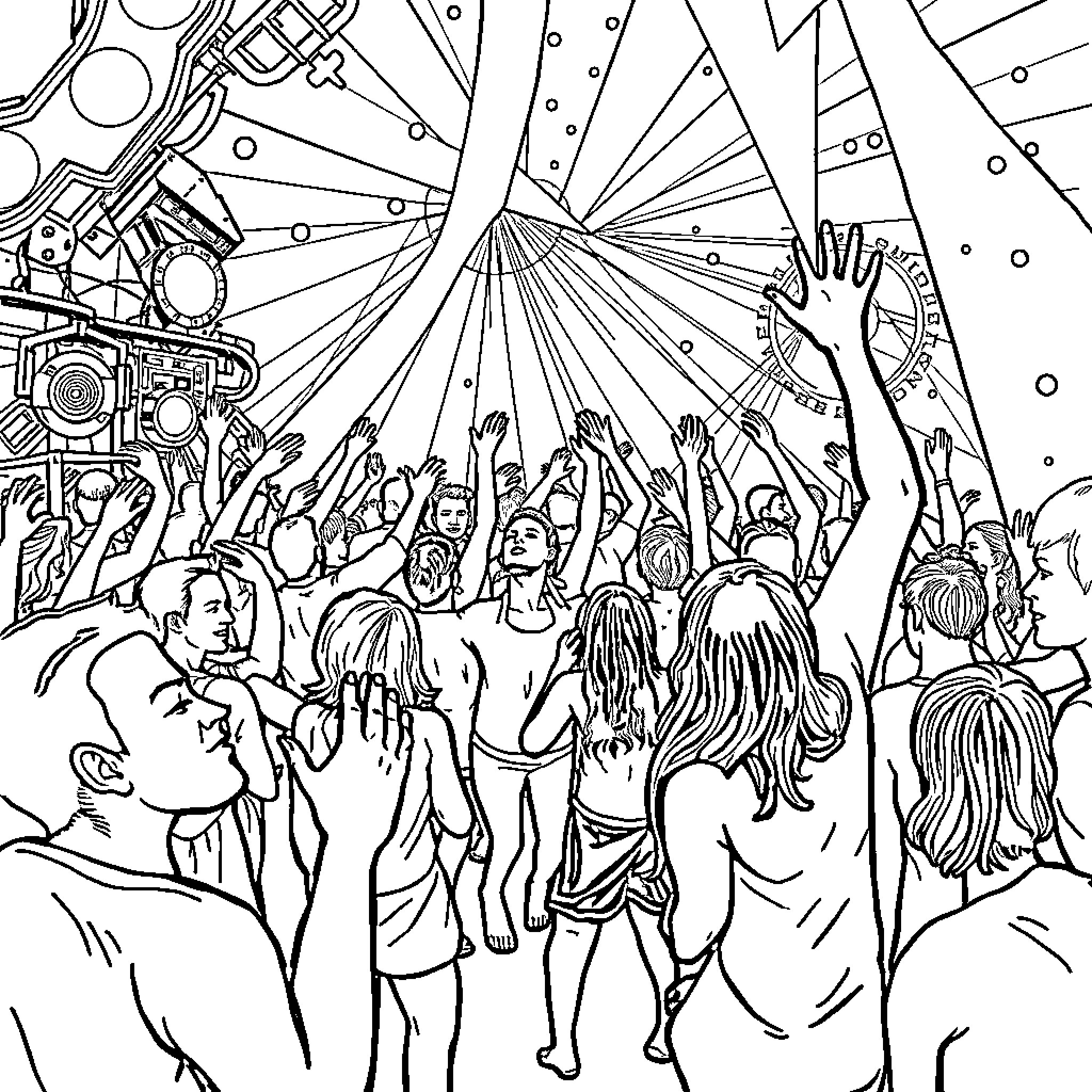 Psytrance Festival: Vibrant Energy and Ecstatic Expressions Coloring Page (free black-and-white line drawing printable PDF for all, from beginners to advanced learners, including children, teens, adults, and seniors)