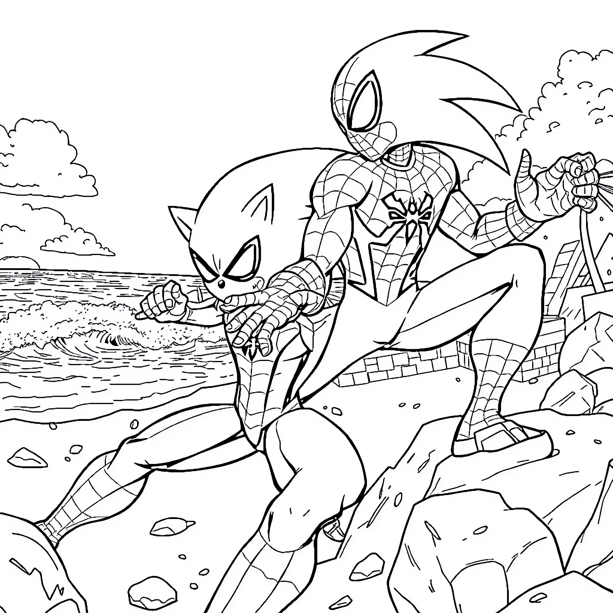 Spiderman battling villains on a rocky seashore Coloring Page (free black-and-white line drawing printable PDF for all, from beginners to advanced learners, including children, teens, adults, and seniors)