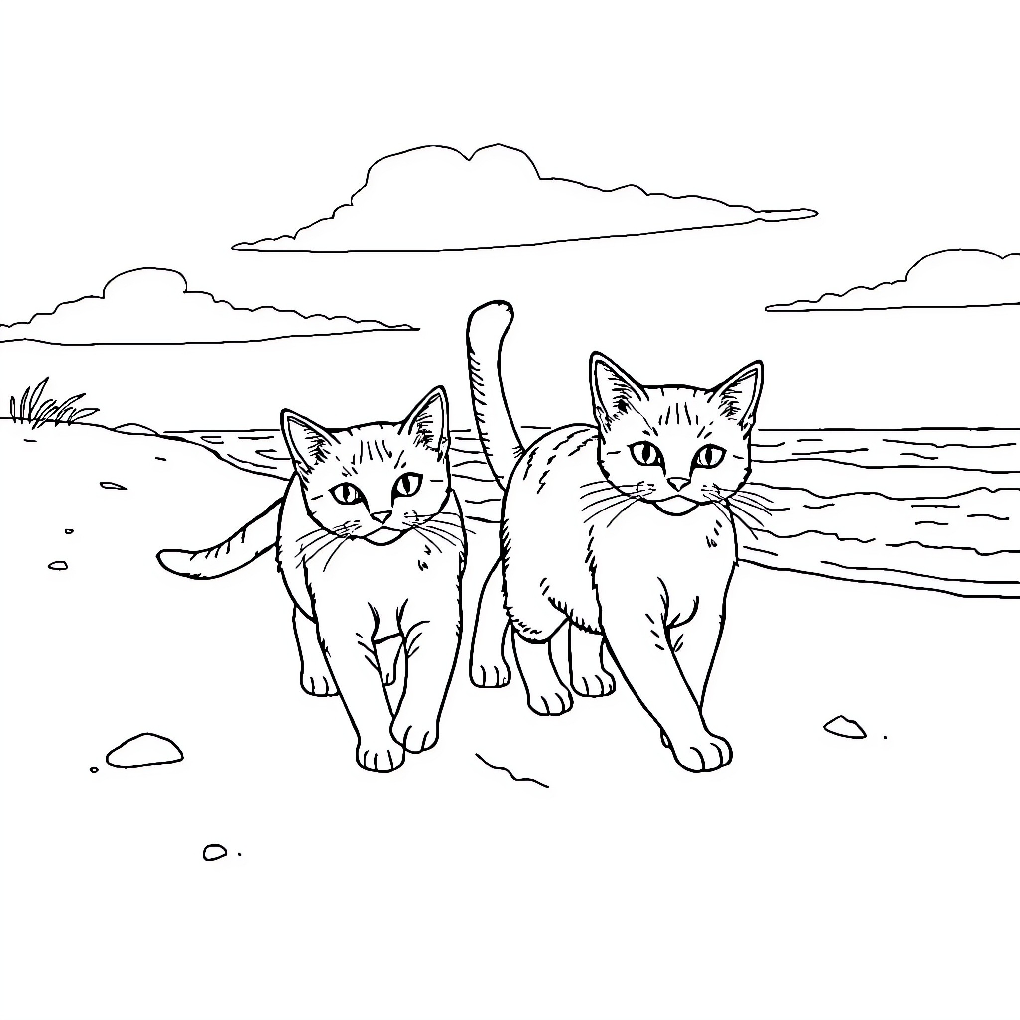 Cats Exploring the Coastal Landscape Coloring Page (free black-and-white line drawing printable PDF for all, from beginners to advanced learners, including children, teens, adults, and seniors)