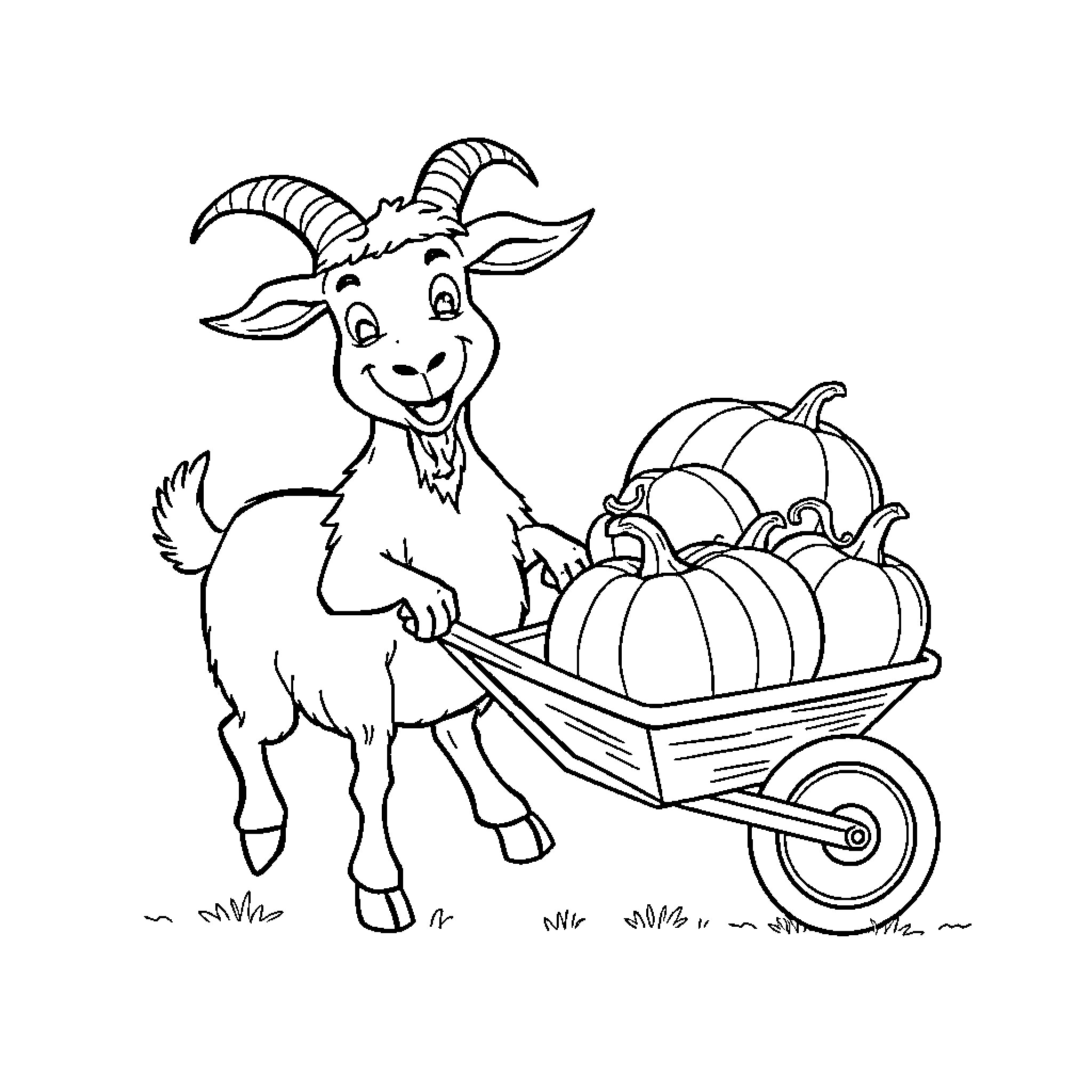 Goat pulling a cart full of pumpkins Coloring Page (free black-and-white line drawing printable PDF for all, from beginners to advanced learners, including children, teens, adults, and seniors)