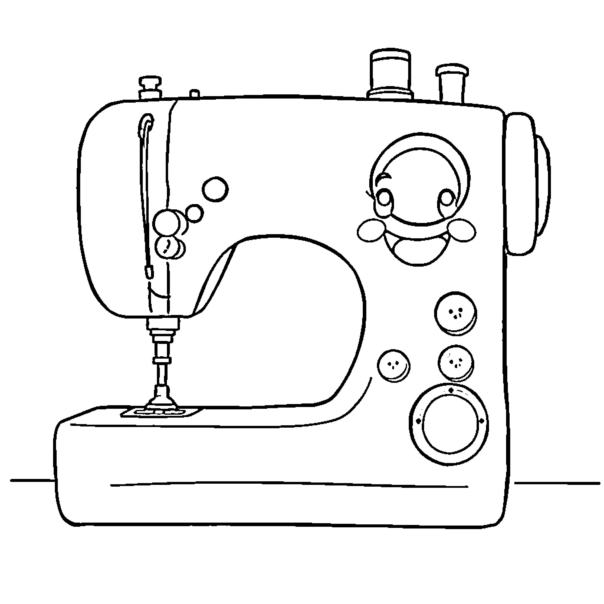 Sewing Machine with Friendly Expression Coloring Page (free black-and-white line drawing printable PDF for all, from beginners to advanced learners, including children, teens, adults, and seniors)