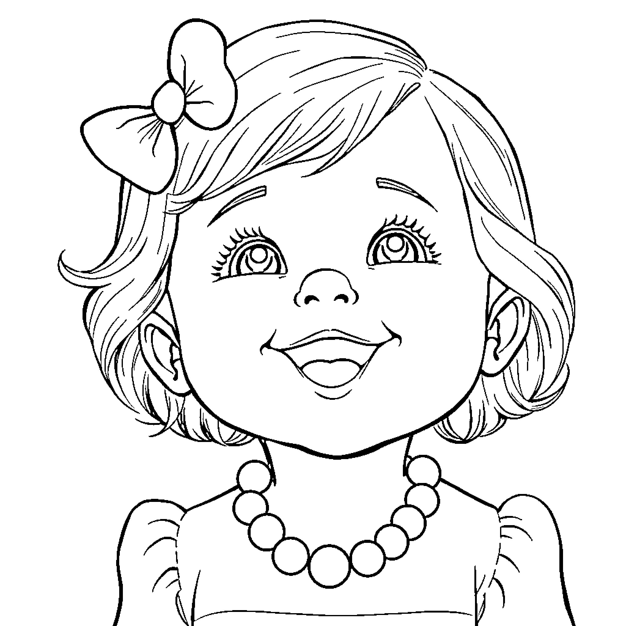 Baby Girl with Bow and Necklace Coloring Page (free black-and-white line drawing printable PDF for all, from beginners to advanced learners, including children, teens, adults, and seniors)