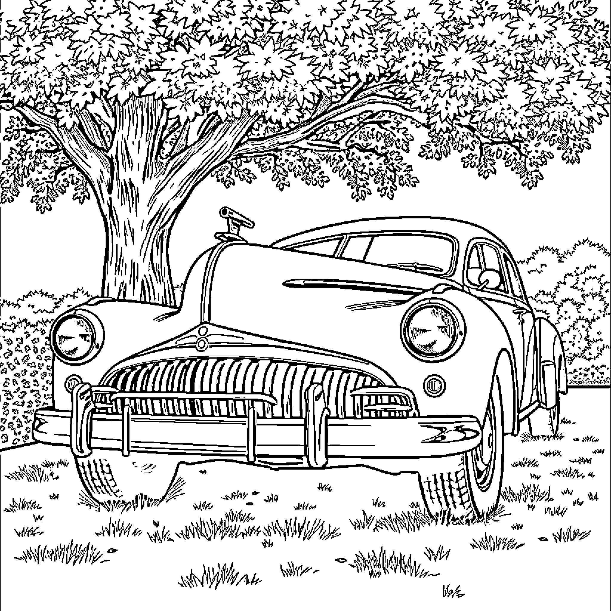 Antique Car in the Countryside Coloring Page (free black-and-white line drawing printable PDF for all, from beginners to advanced learners, including children, teens, adults, and seniors)