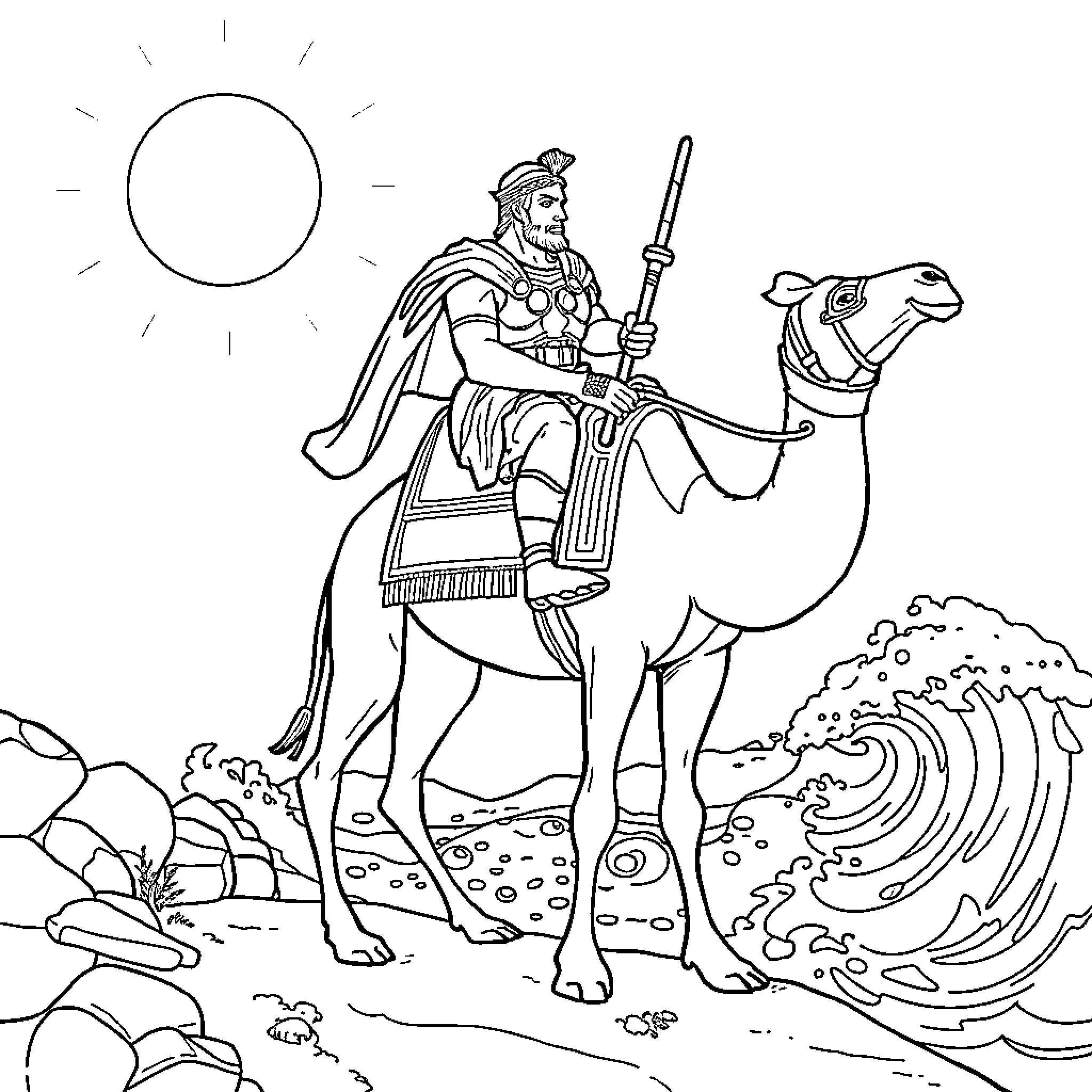 Hercules Riding a Camel Across the Desert Coloring Page (free black-and-white line drawing printable PDF for all, from beginners to advanced learners, including children, teens, adults, and seniors)