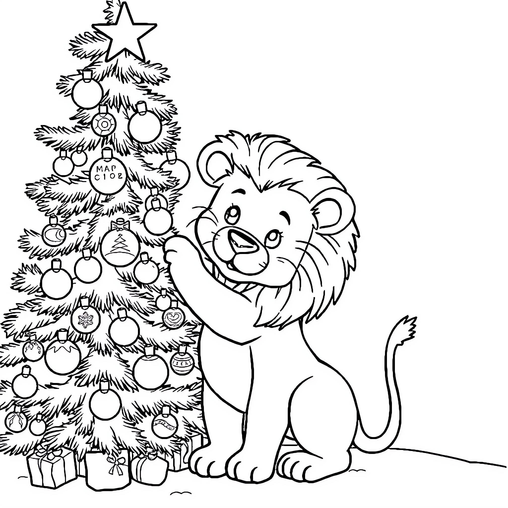 Lion sitting next to decorated Christmas tree Coloring Page (free black-and-white line drawing printable PDF for all, from beginners to advanced learners, including children, teens, adults, and seniors)