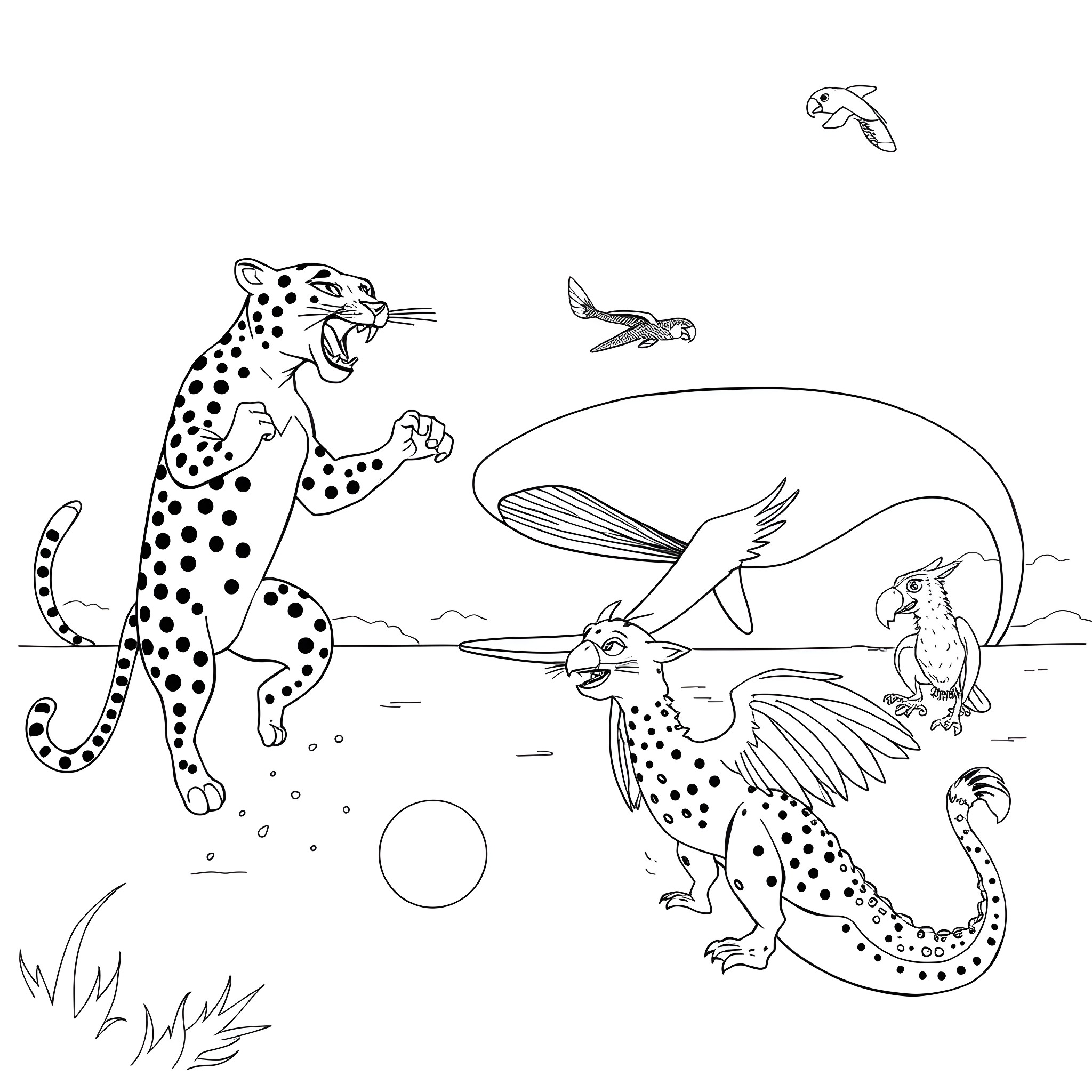 Panther and other spotted creatures in the wild Coloring Page (free black-and-white line drawing printable PDF for all, from beginners to advanced learners, including children, teens, adults, and seniors)