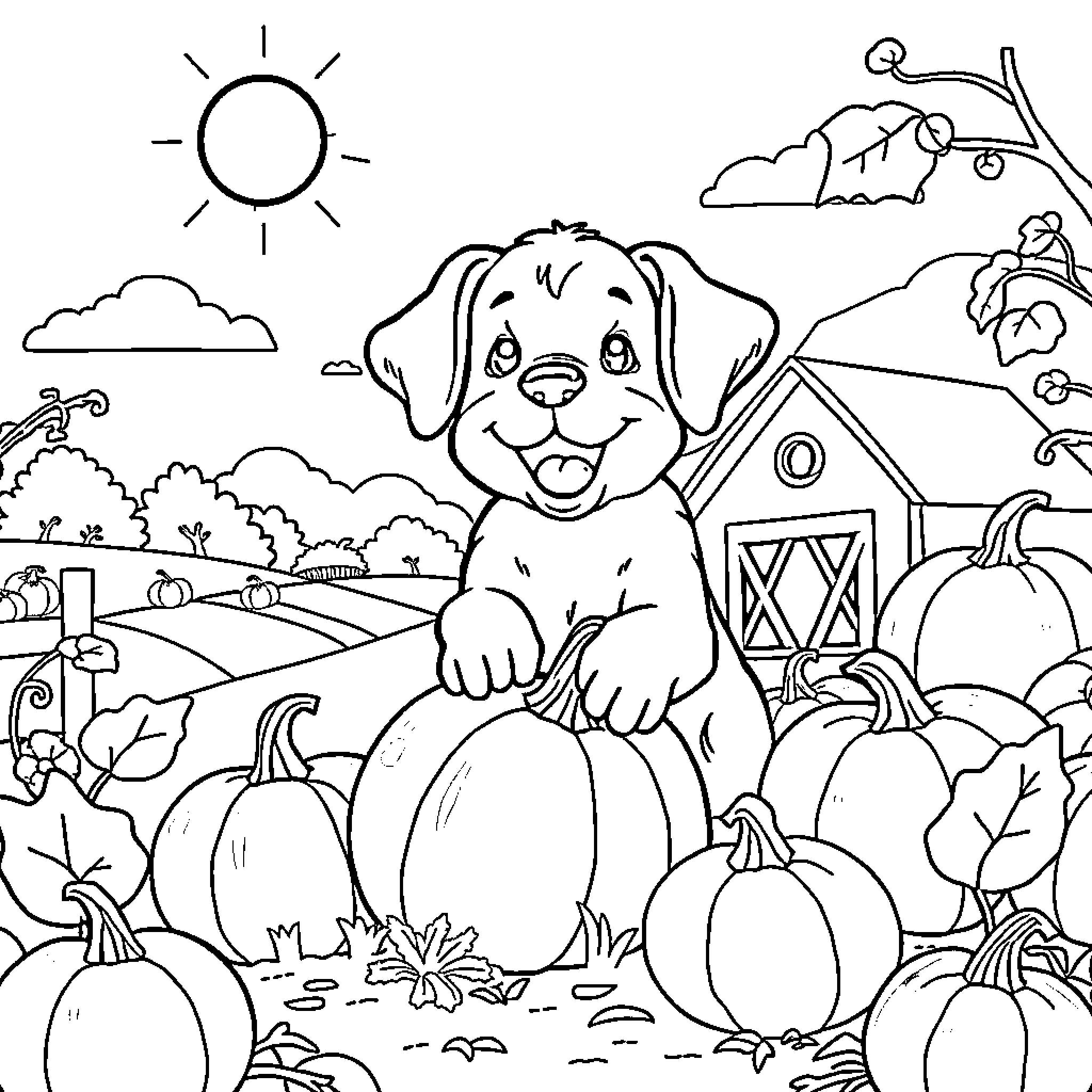 Puppy playing happily in the autumn farm scene Coloring Page (free black-and-white line drawing printable PDF for all, from beginners to advanced learners, including children, teens, adults, and seniors)