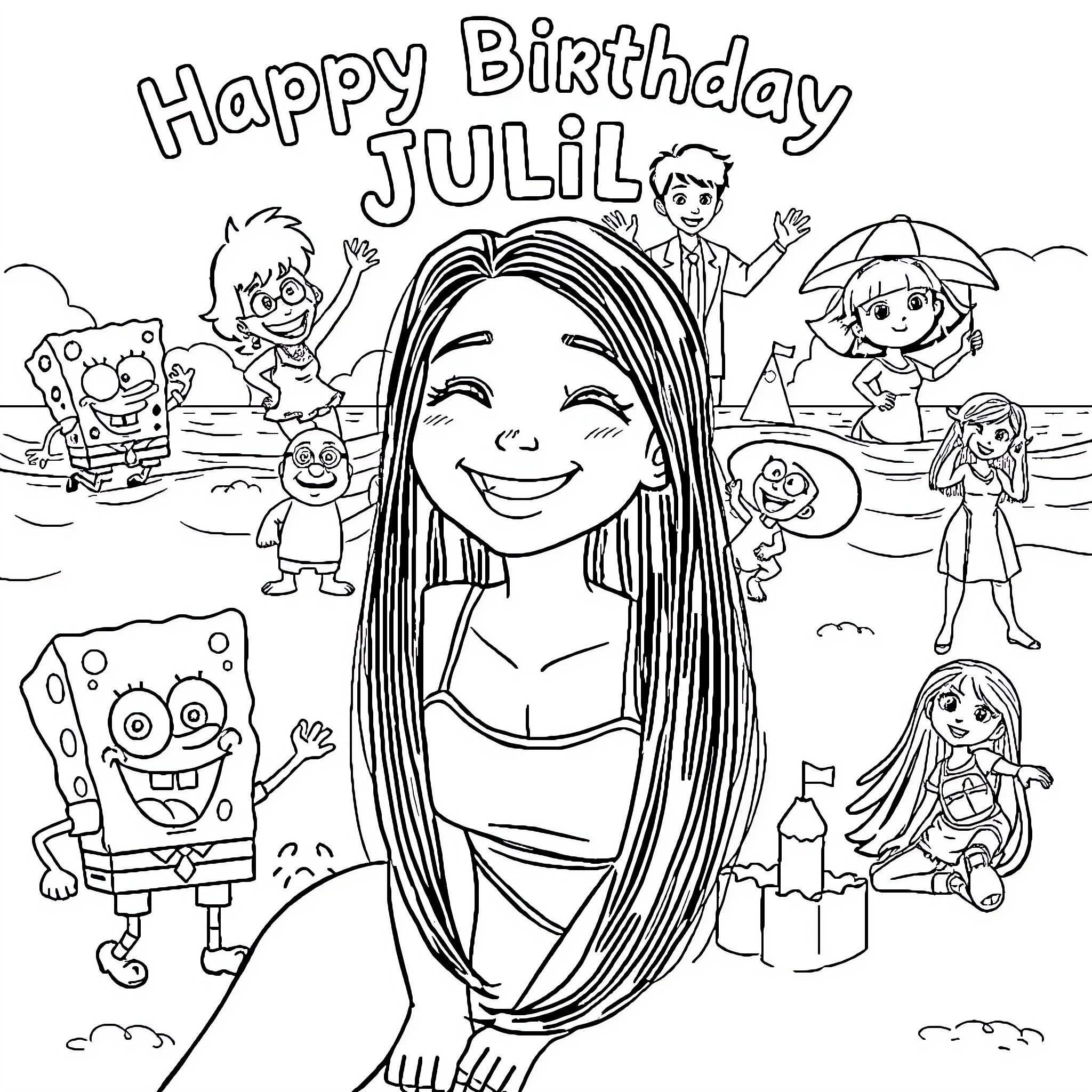 Girl celebrating her happy birthday with cartoon characters Coloring Page (free black-and-white line drawing printable PDF for all, from beginners to advanced learners, including children, teens, adults, and seniors)