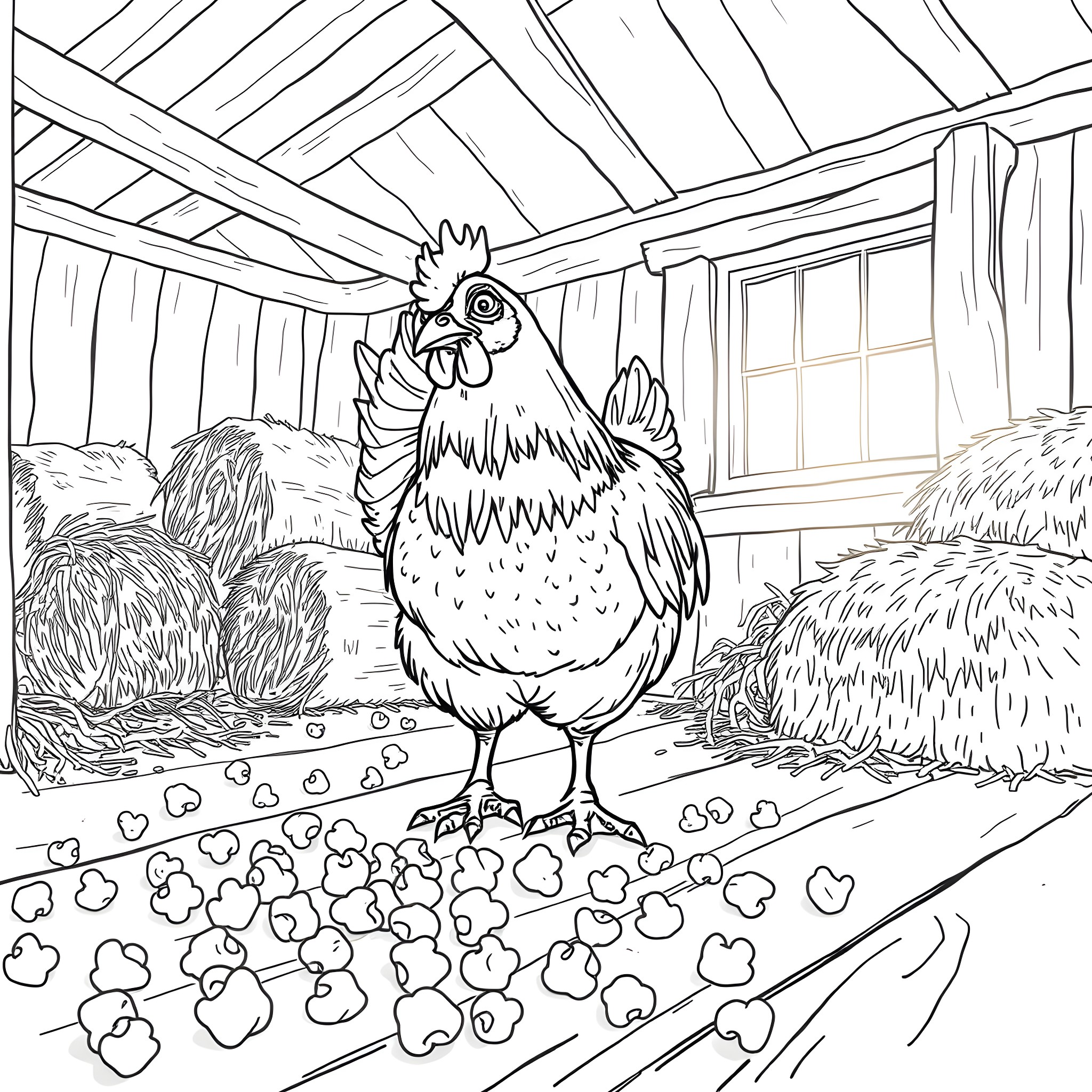 Chicken standing proudly in a rustic farmhouse Coloring Page (free black-and-white line drawing printable PDF for all, from beginners to advanced learners, including children, teens, adults, and seniors)