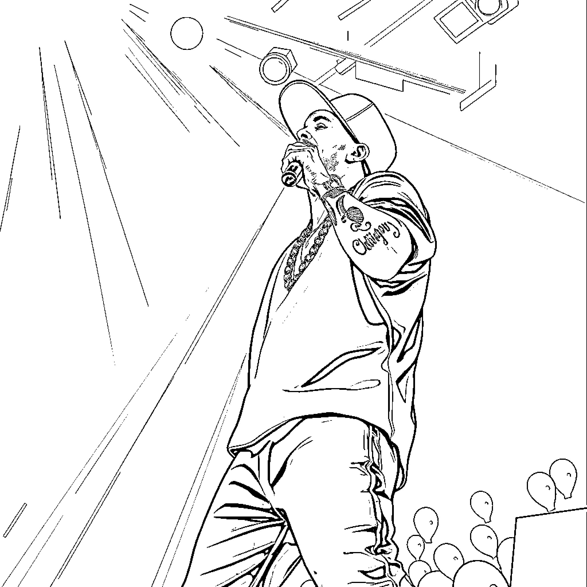 Chris Brown performing on stage with energy and passion Coloring Page (free black-and-white line drawing printable PDF for all, from beginners to advanced learners, including children, teens, adults, and seniors)