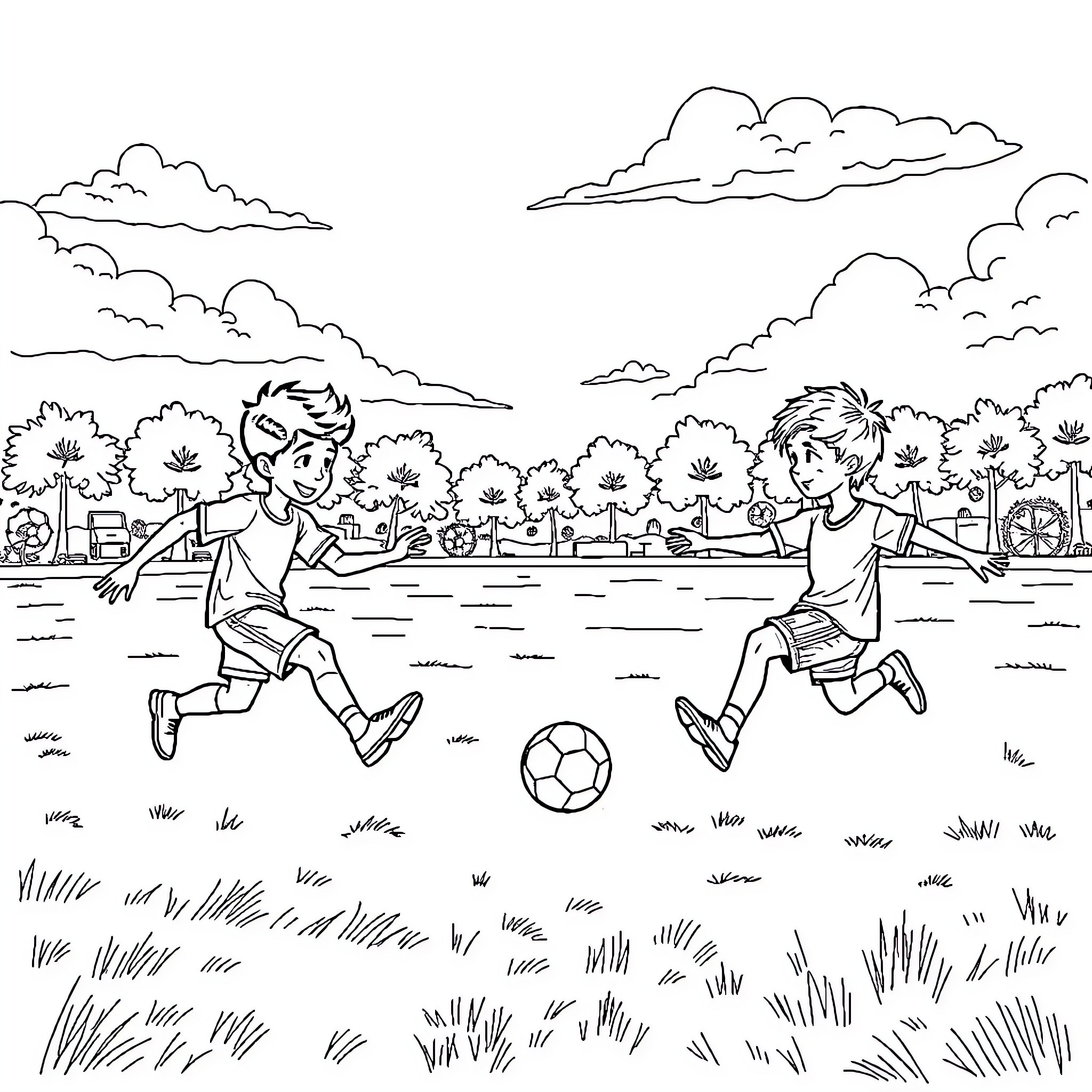 Boys playing joyfully with a soccer ball in the park Coloring Page (free black-and-white line drawing printable PDF for all, from beginners to advanced learners, including children, teens, adults, and seniors)
