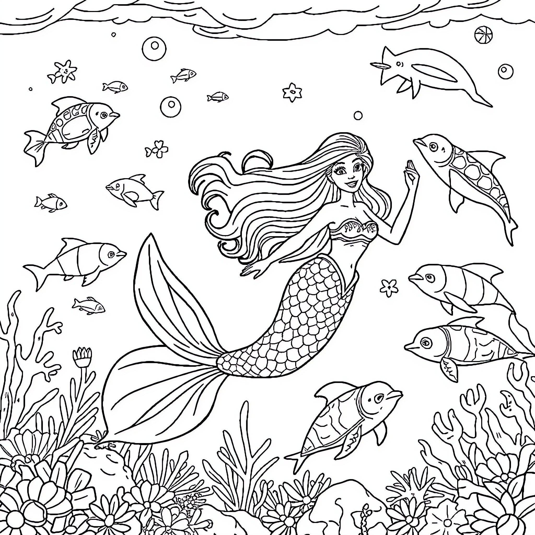 Barbie Mermaid Exploring Underwater Wonderland Coloring Page (free black-and-white line drawing printable PDF for all, from beginners to advanced learners, including children, teens, adults, and seniors)