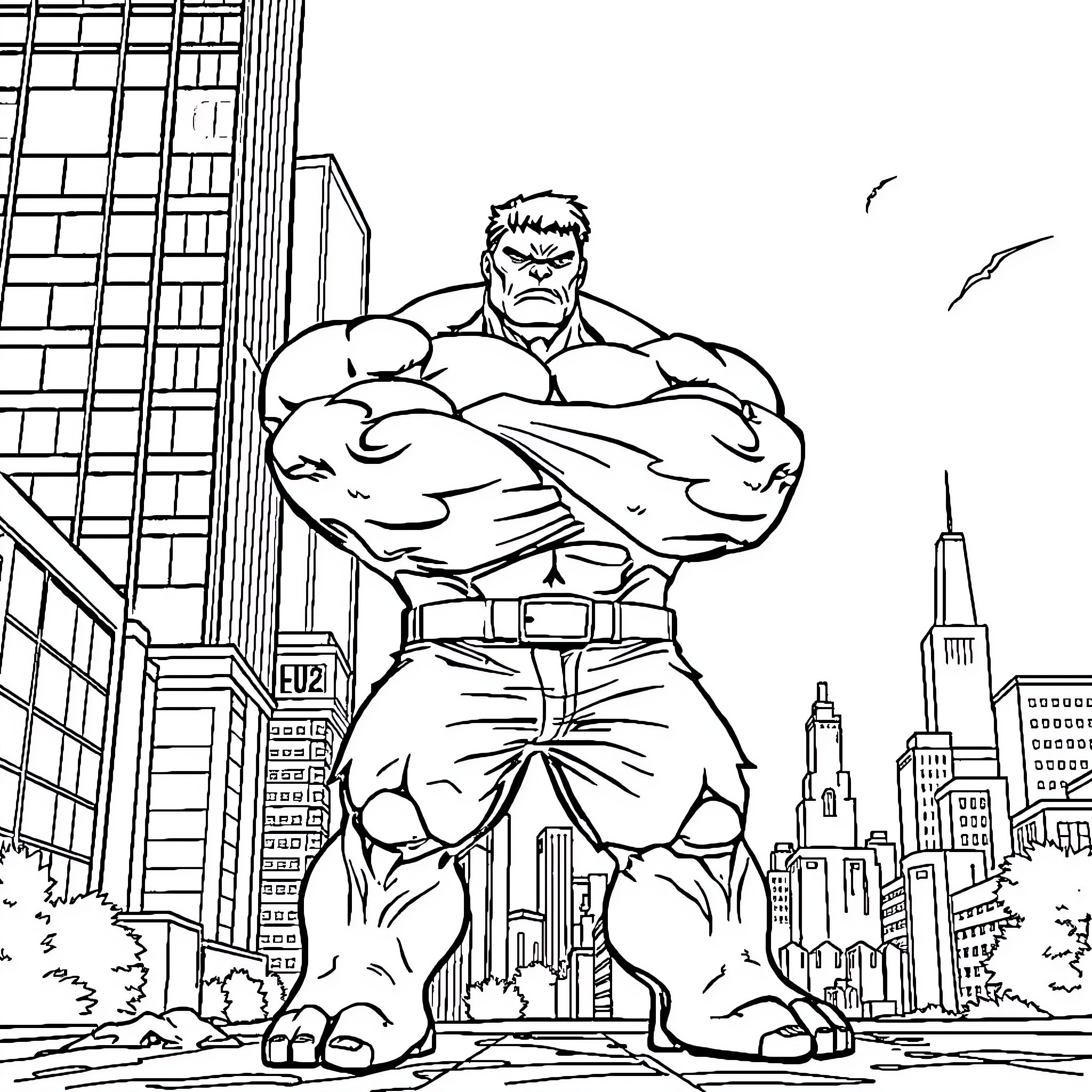 Hulk Stands Tall in the City Coloring Page (free black-and-white line drawing printable PDF for all, from beginners to advanced learners, including children, teens, adults, and seniors)