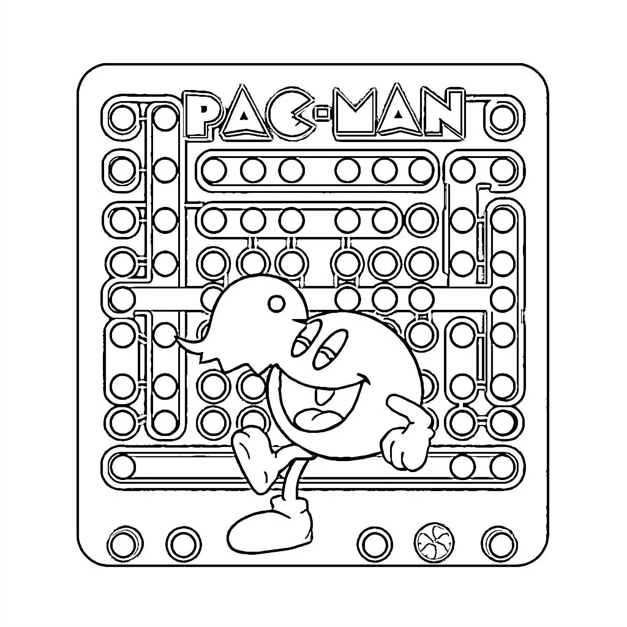 Pac-Man enjoying a playful game Coloring Page (free black-and-white line drawing printable PDF for all, from beginners to advanced learners, including children, teens, adults, and seniors)