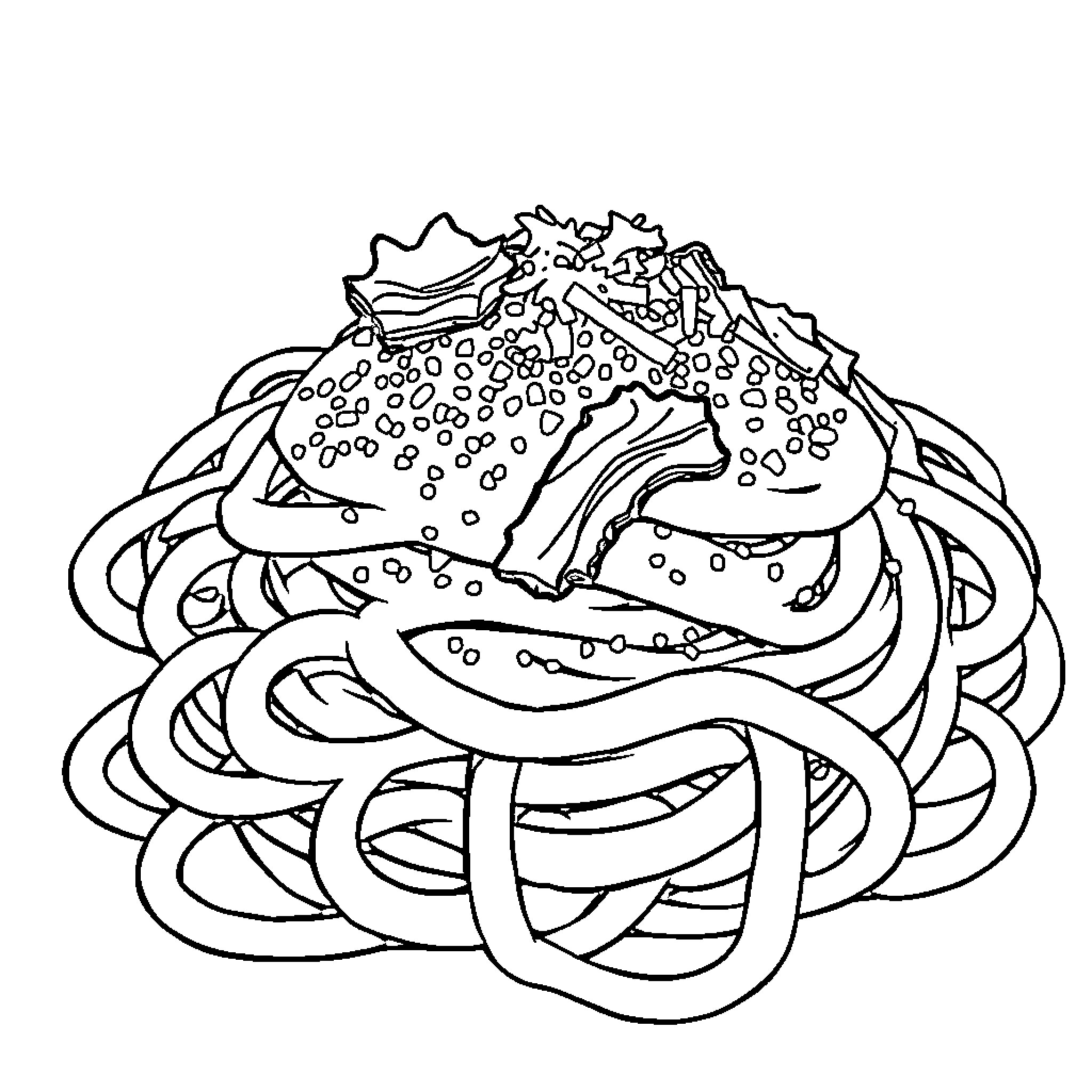 Pasta dish with assorted ingredients Coloring Page (free black-and-white line drawing printable PDF for all, from beginners to advanced learners, including children, teens, adults, and seniors)