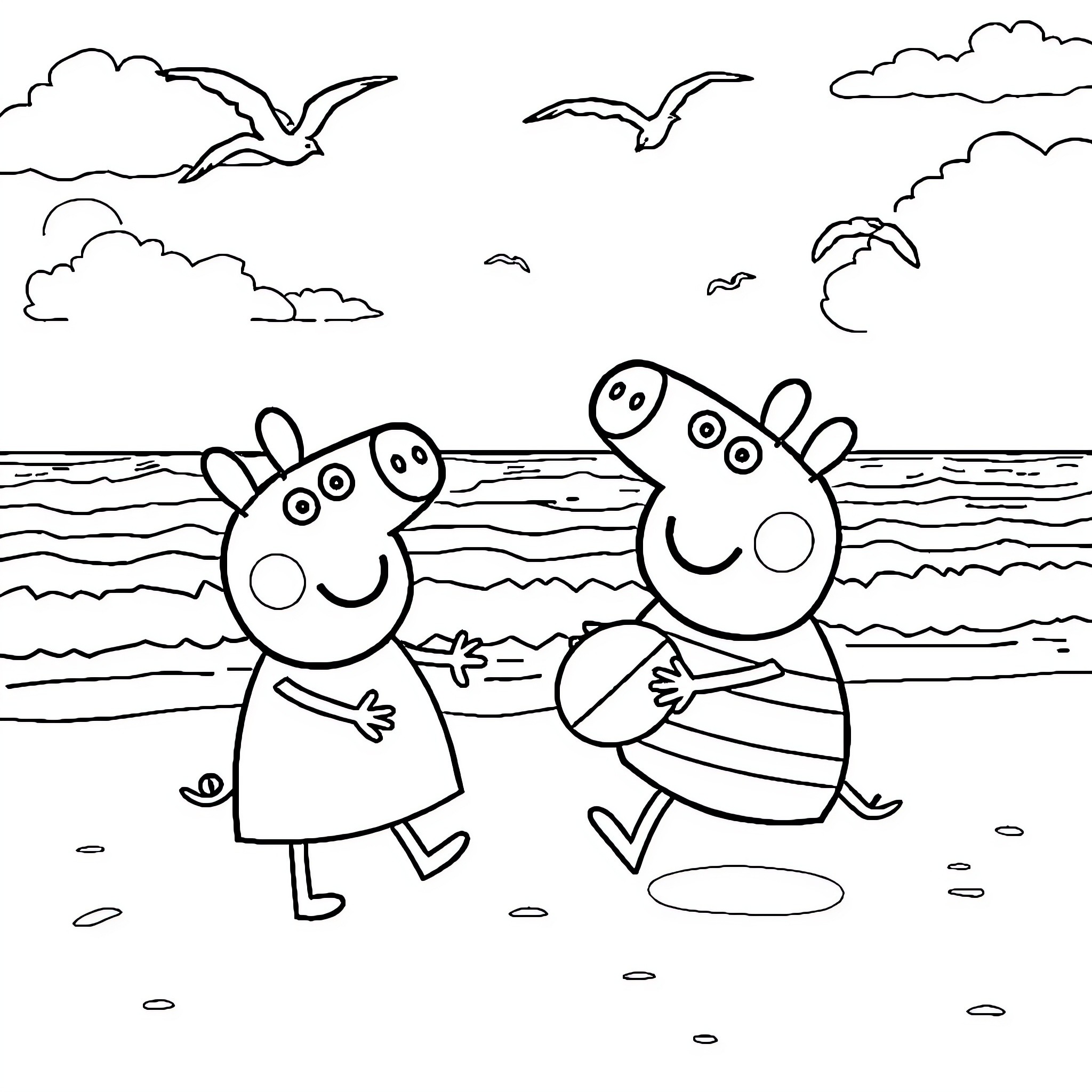 Peppa Pig and friends enjoy a day at the beach Coloring Page (free black-and-white line drawing printable PDF for all, from beginners to advanced learners, including children, teens, adults, and seniors)
