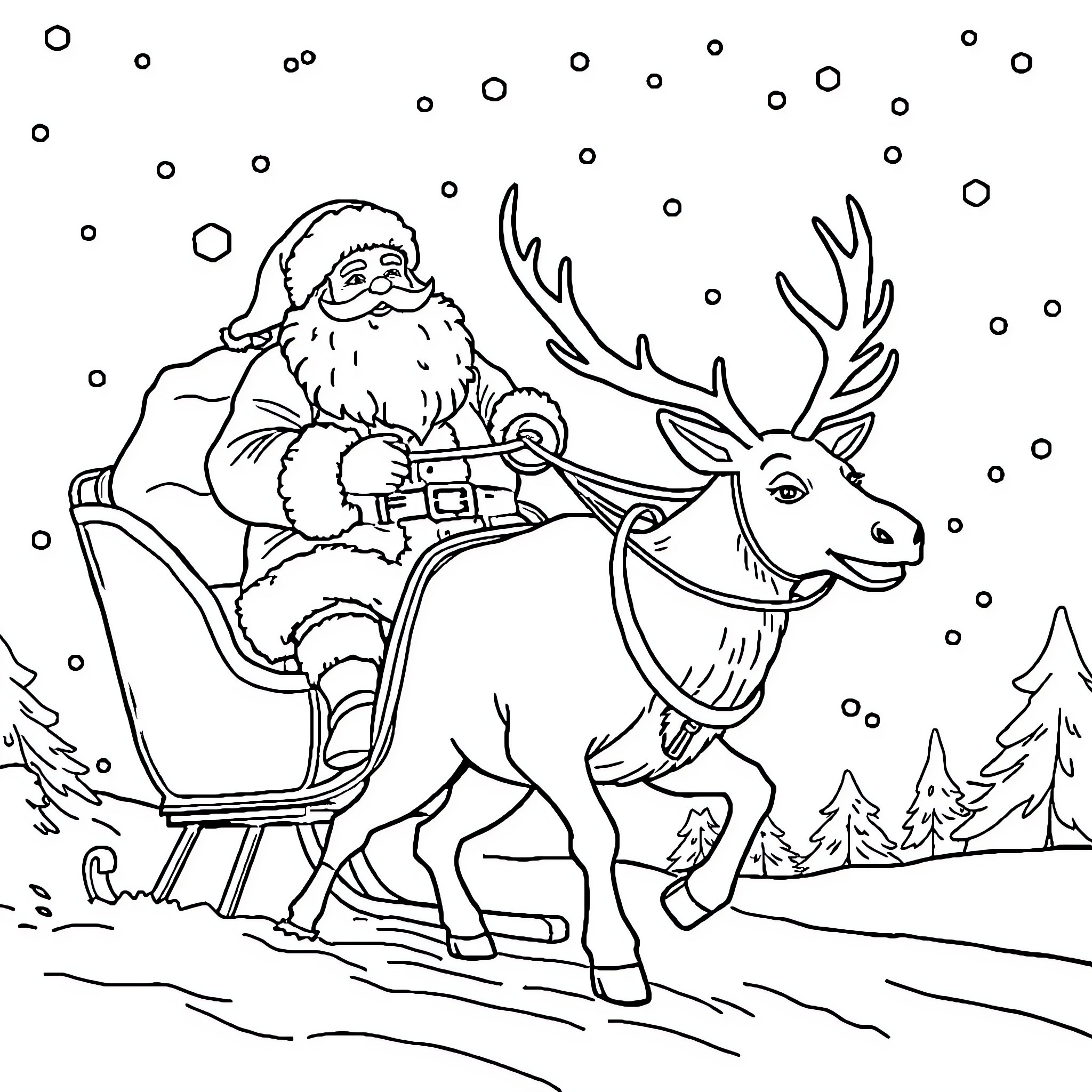 Santa Claus riding on a reindeer in the snowy forest Coloring Page (free black-and-white line drawing printable PDF for all, from beginners to advanced learners, including children, teens, adults, and seniors)