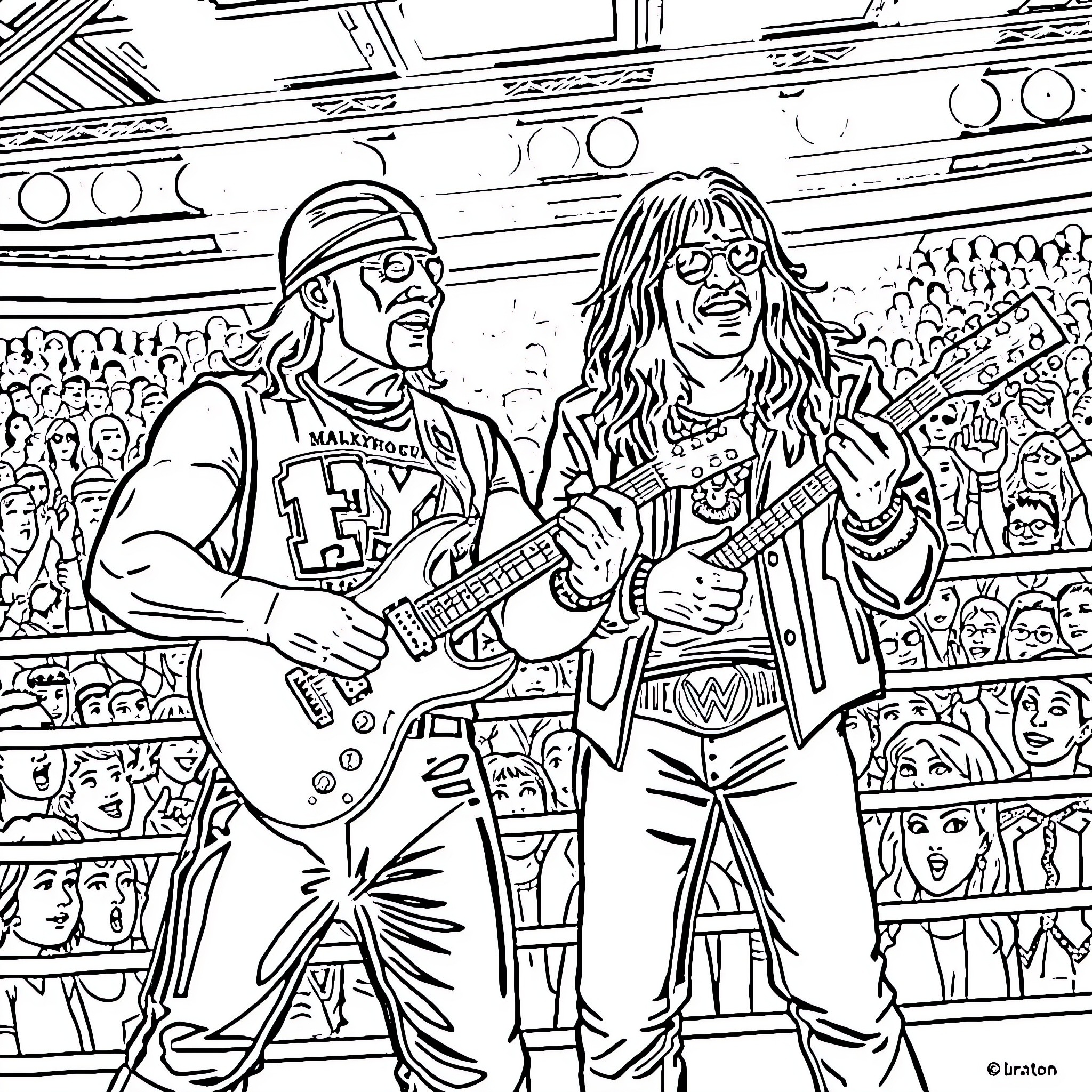 Hulk Hogan and Axl Rose rock the stage Coloring Page (free black-and-white line drawing printable PDF for all, from beginners to advanced learners, including children, teens, adults, and seniors)