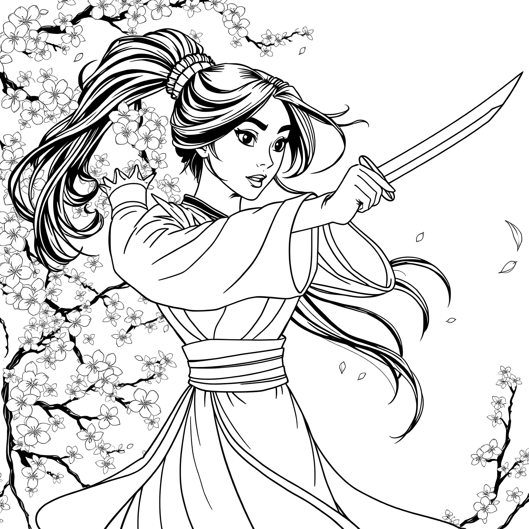 Mulan in Action with Flowing Robes and Floral Backdrop Coloring Page (free black-and-white line drawing printable PDF for all, from beginners to advanced learners, including children, teens, adults, and seniors)