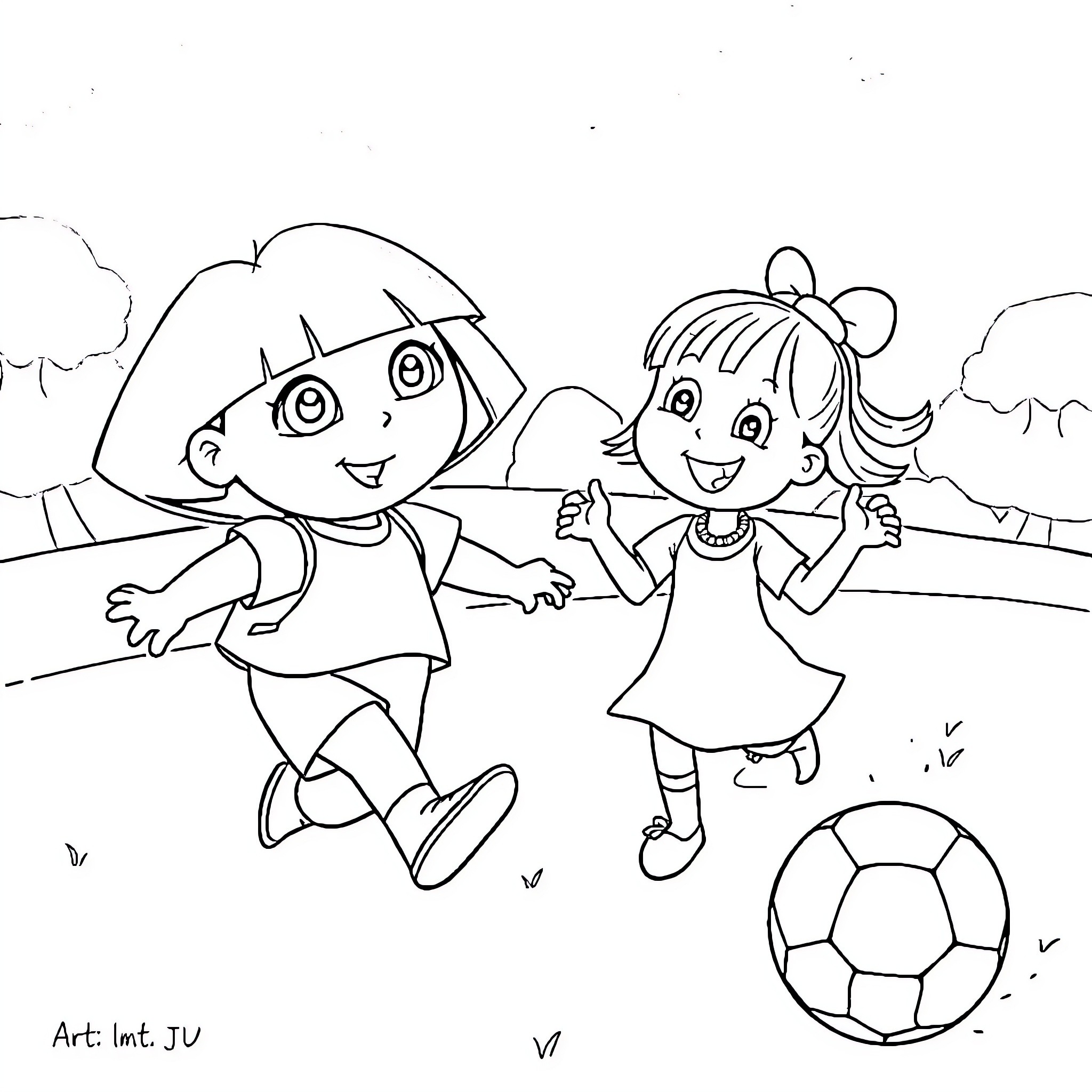 Dora and Friend Playing Soccer Outdoors Coloring Page (free black-and-white line drawing printable PDF for all, from beginners to advanced learners, including children, teens, adults, and seniors)