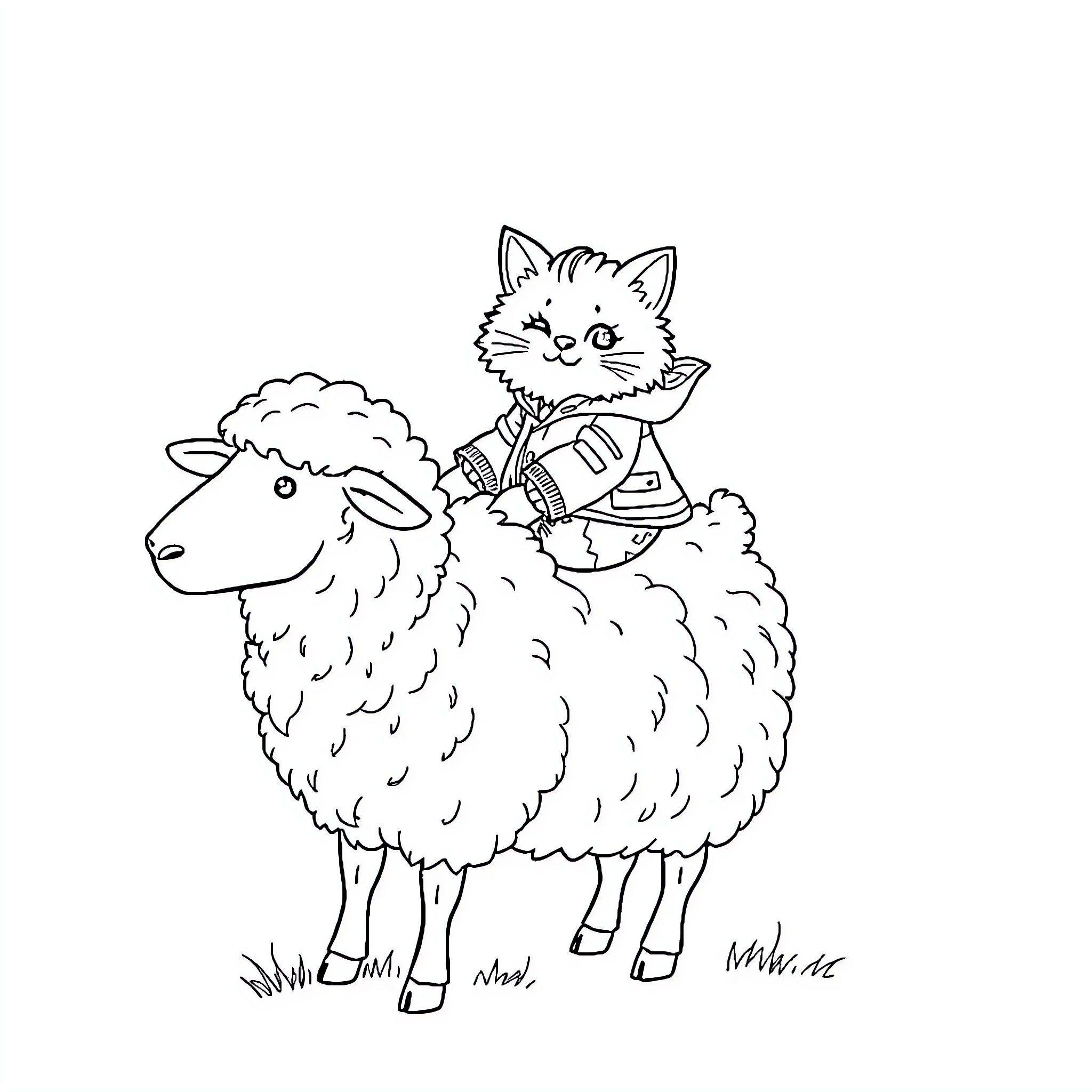 Cat riding a sheep in the countryside Coloring Page (free black-and-white line drawing printable PDF for all, from beginners to advanced learners, including children, teens, adults, and seniors)
