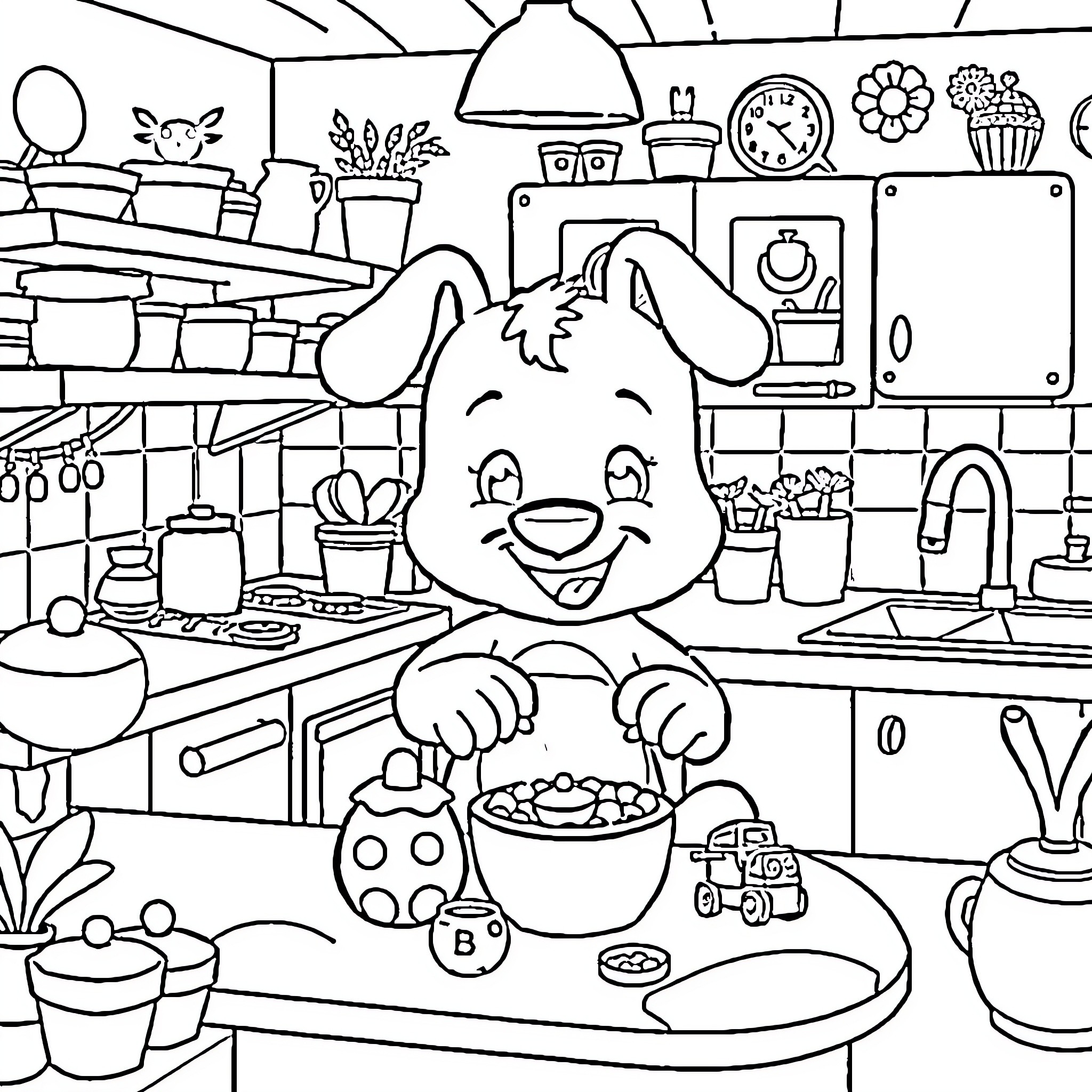 Bluey preparing a fun meal in the kitchen Coloring Page (free black-and-white line drawing printable PDF for all, from beginners to advanced learners, including children, teens, adults, and seniors)