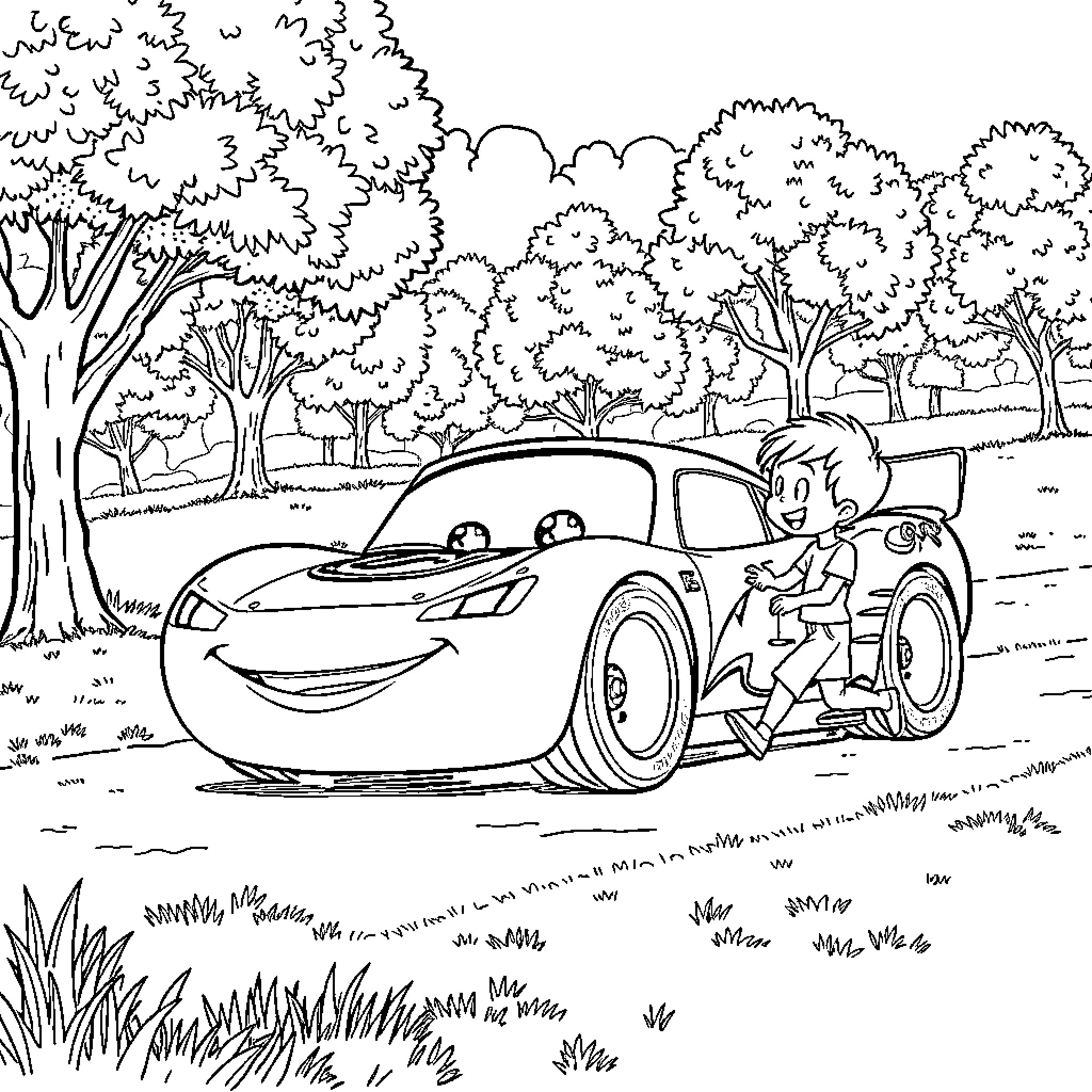 Rayo McQueen racing through a lush forest Coloring Page (free black-and-white line drawing printable PDF for all, from beginners to advanced learners, including children, teens, adults, and seniors)