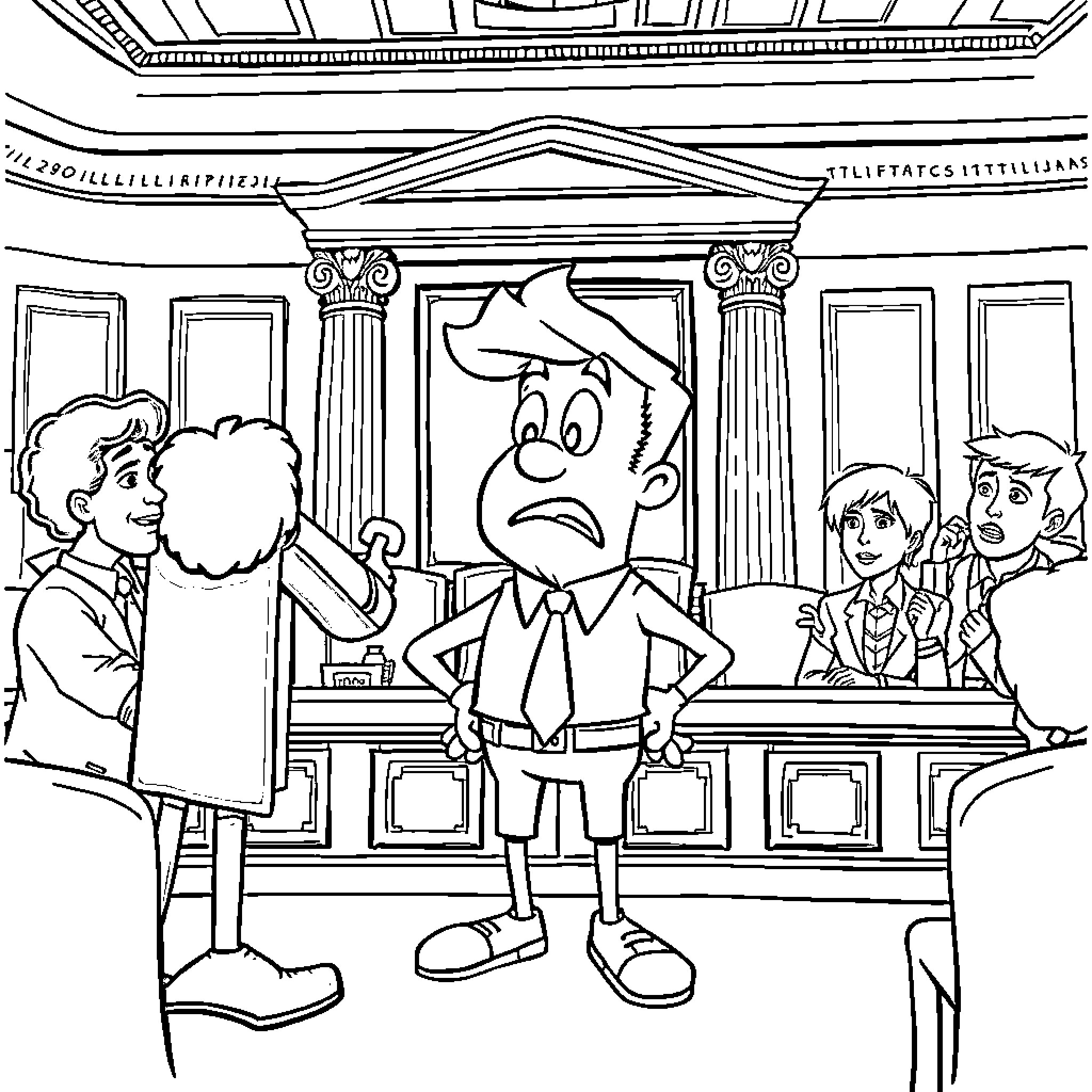 Bill's Courtroom Drama: Animated Figures in a Legal Setting Coloring Page (free black-and-white line drawing printable PDF for all, from beginners to advanced learners, including children, teens, adults, and seniors)