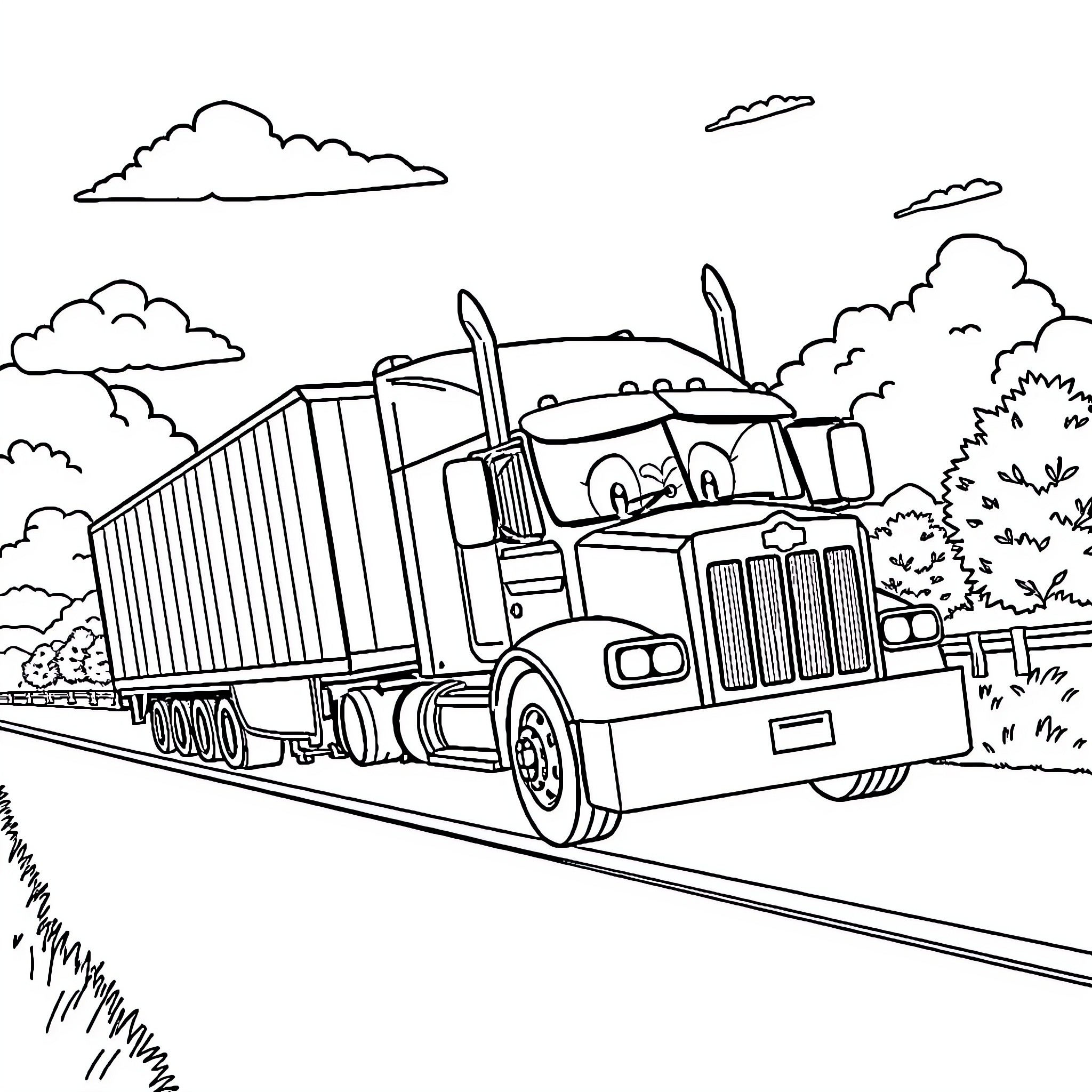 Bluey's Big Rig Adventure on the Open Road Coloring Page (free black-and-white line drawing printable PDF for all, from beginners to advanced learners, including children, teens, adults, and seniors)