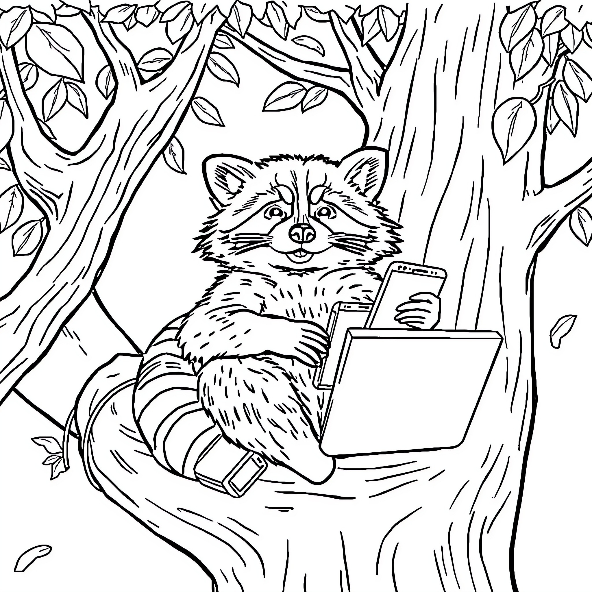 Raccoon using a laptop in the forest Coloring Page (free black-and-white line drawing printable PDF for all, from beginners to advanced learners, including children, teens, adults, and seniors)