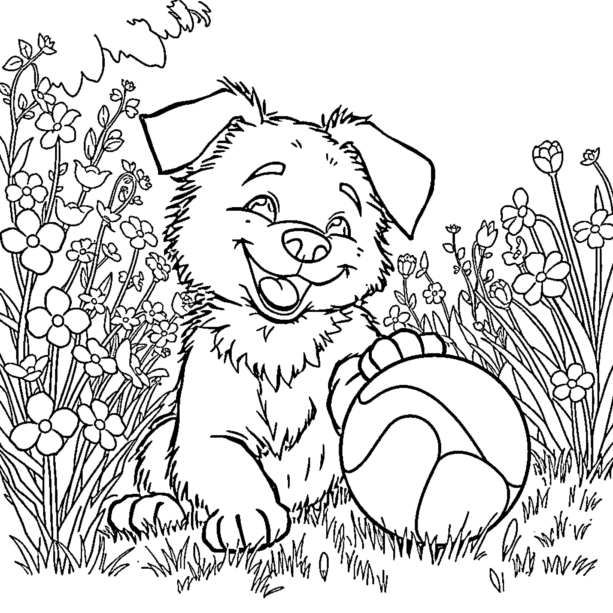 Dog playing happily in a field of flowers Coloring Page (free black-and-white line drawing printable PDF for all, from beginners to advanced learners, including children, teens, adults, and seniors)