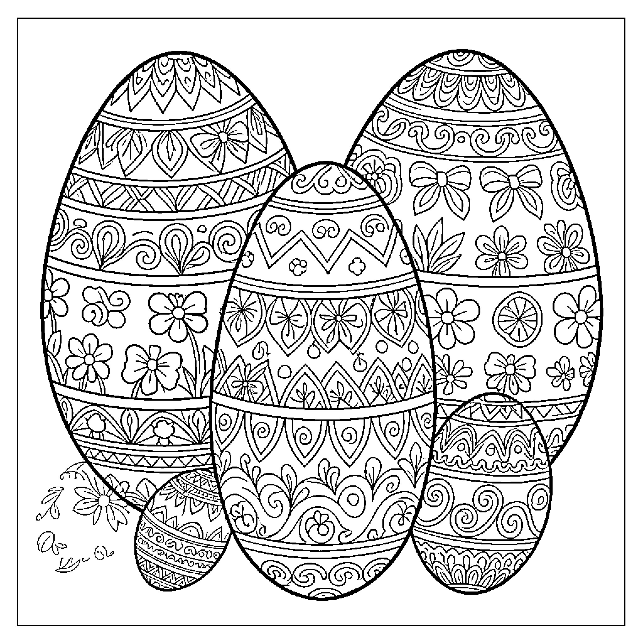 Easter Egg Decorations with Intricate Patterns Coloring Page (free black-and-white line drawing printable PDF for all, from beginners to advanced learners, including children, teens, adults, and seniors)