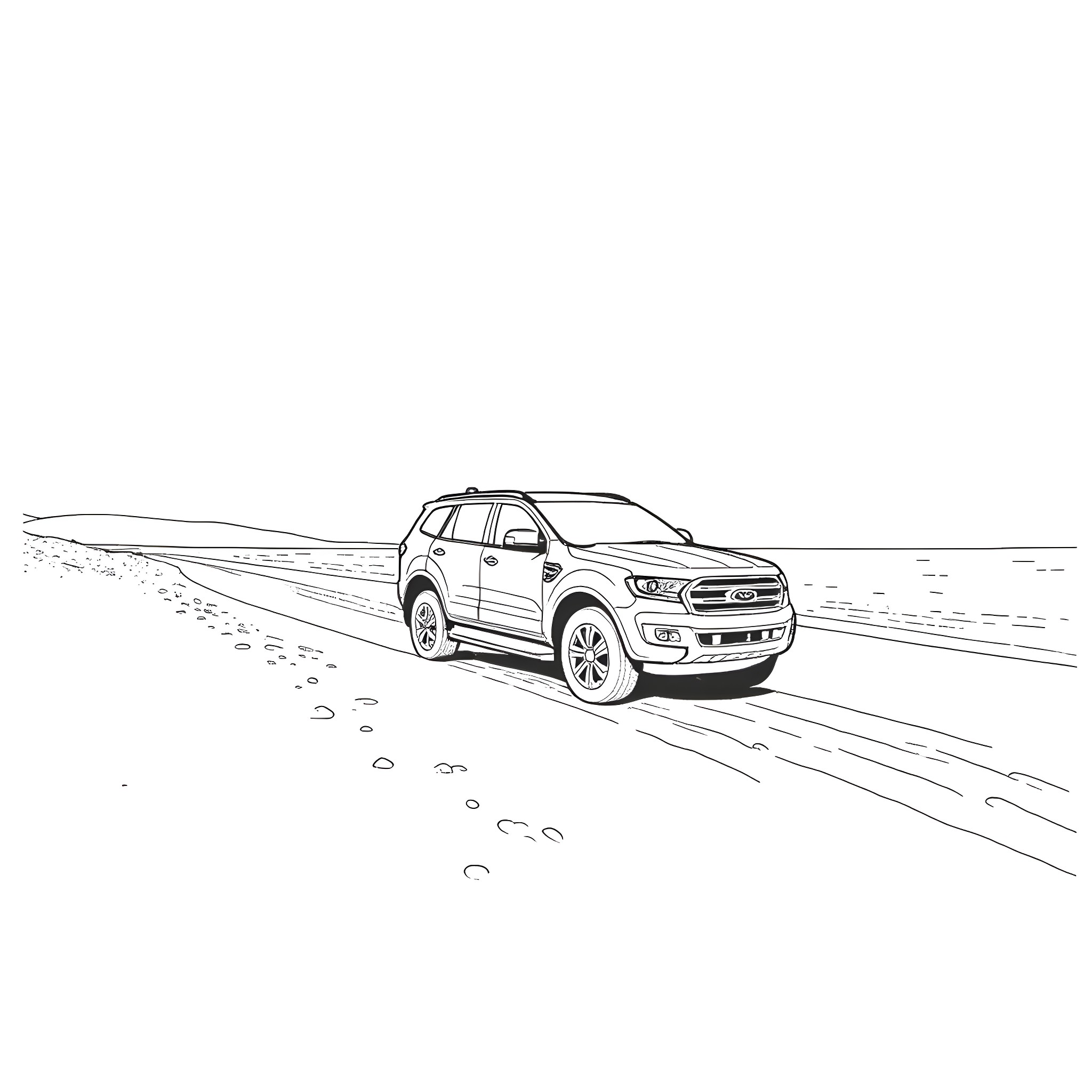 Ford Everest SUV driving on a sandy road Coloring Page (free black-and-white line drawing printable PDF for all, from beginners to advanced learners, including children, teens, adults, and seniors)