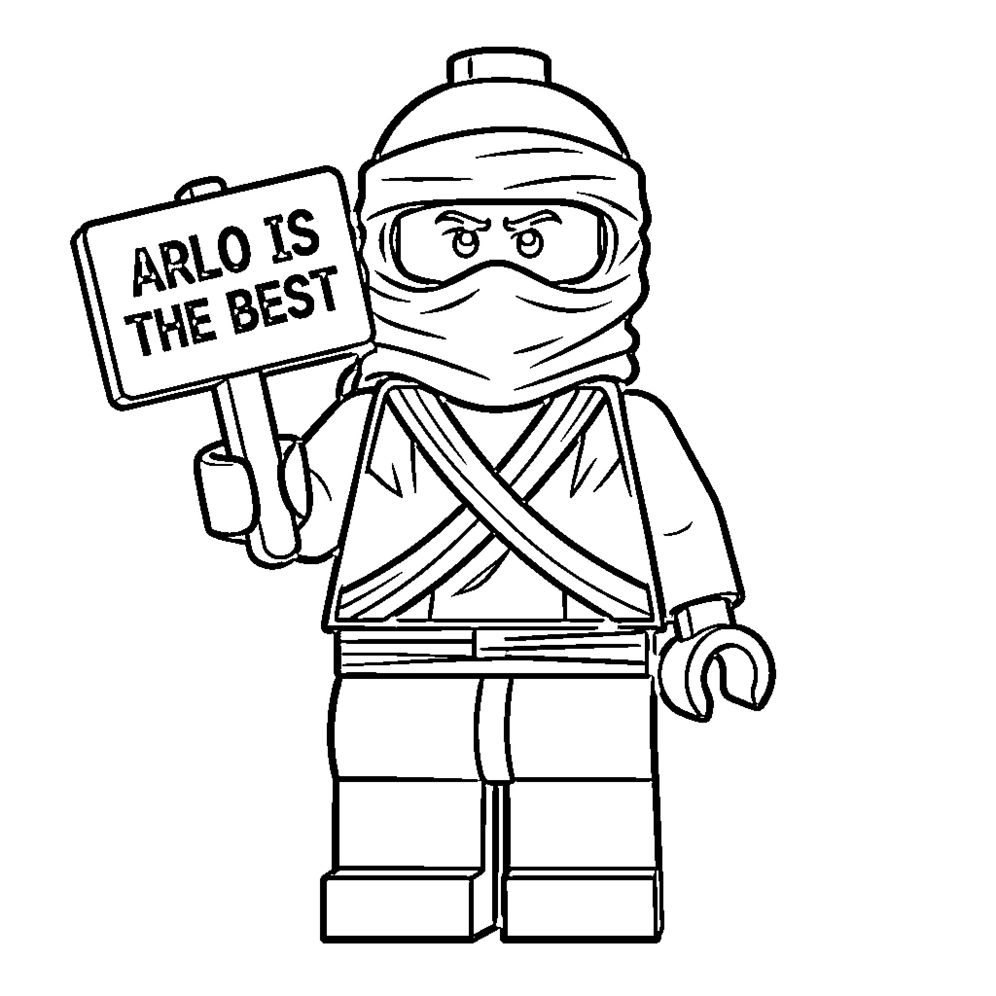 Lego Ninja holding a sign with a determined expression Coloring Page (free black-and-white line drawing printable PDF for all, from beginners to advanced learners, including children, teens, adults, and seniors)