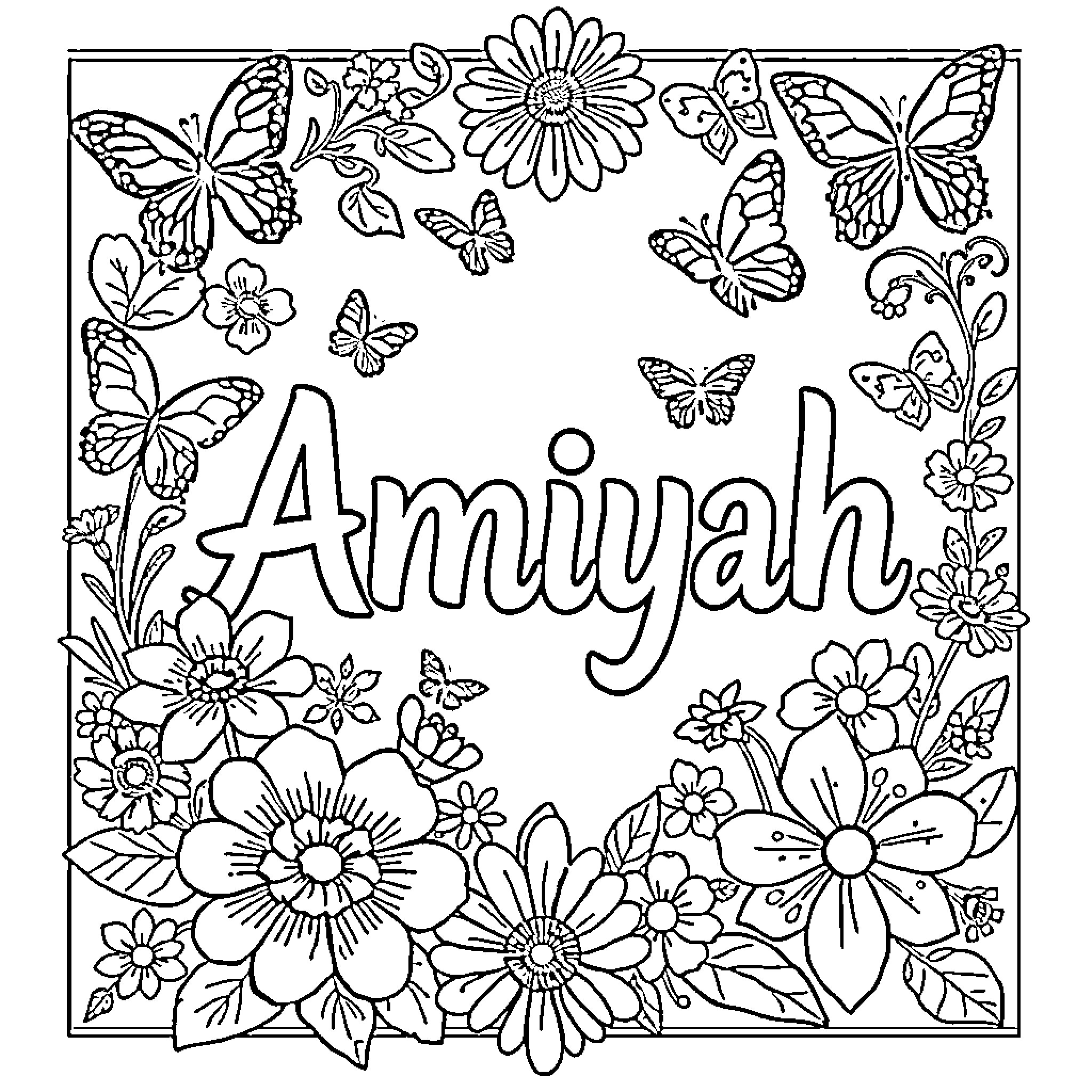 Amiyah's Floral Coloring Adventure Coloring Page (free black-and-white line drawing printable PDF for all, from beginners to advanced learners, including children, teens, adults, and seniors)