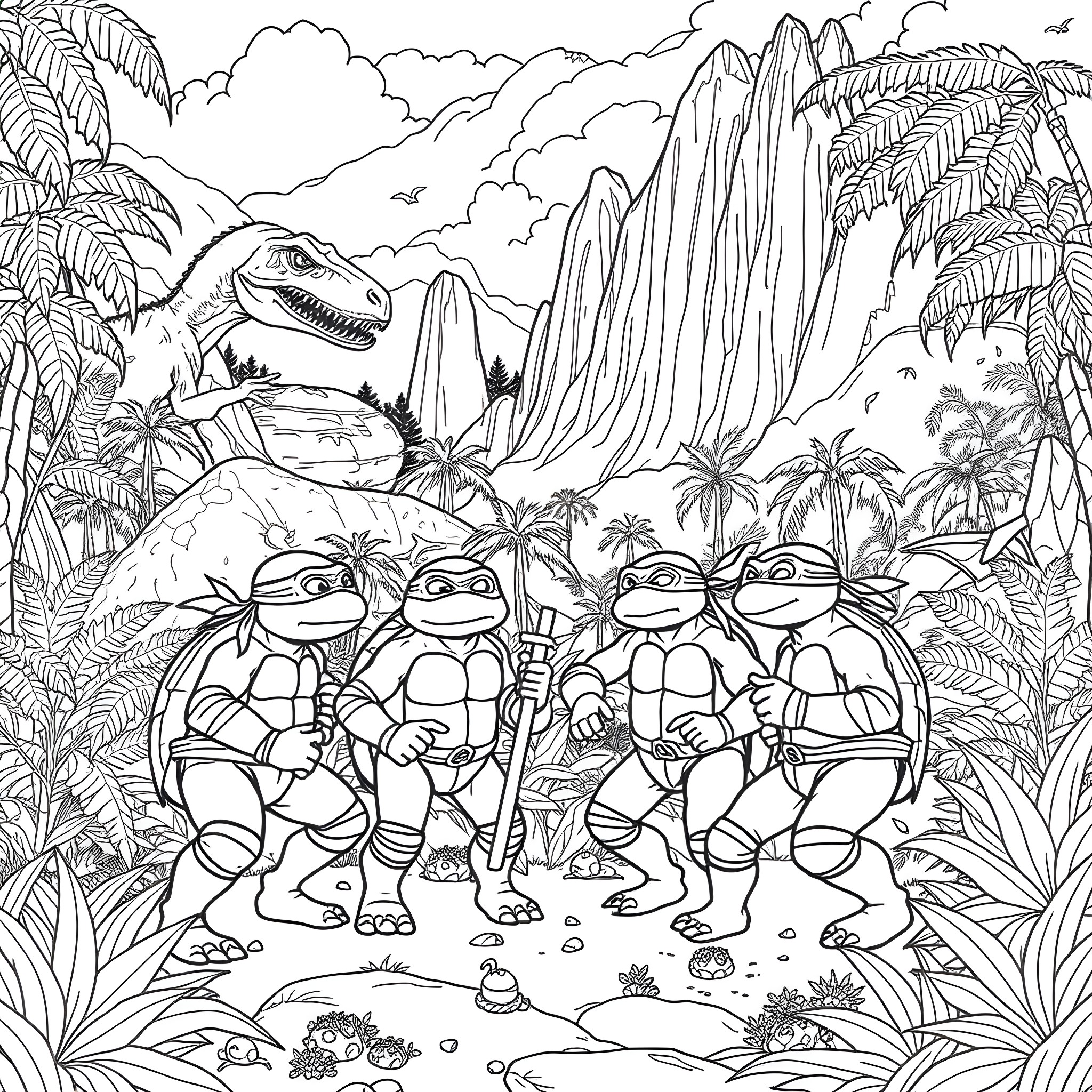 Teenage Mutant Ninja Turtles Adventuring in the Jungle Coloring Page (free black-and-white line drawing printable PDF for all, from beginners to advanced learners, including children, teens, adults, and seniors)