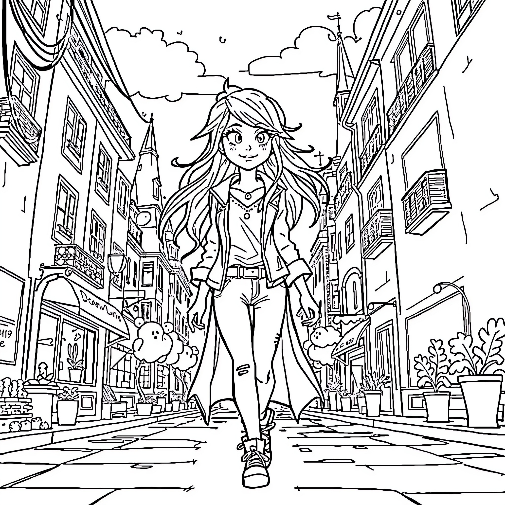 Princess exploring the lively city streets Coloring Page (free black-and-white line drawing printable PDF for all, from beginners to advanced learners, including children, teens, adults, and seniors)