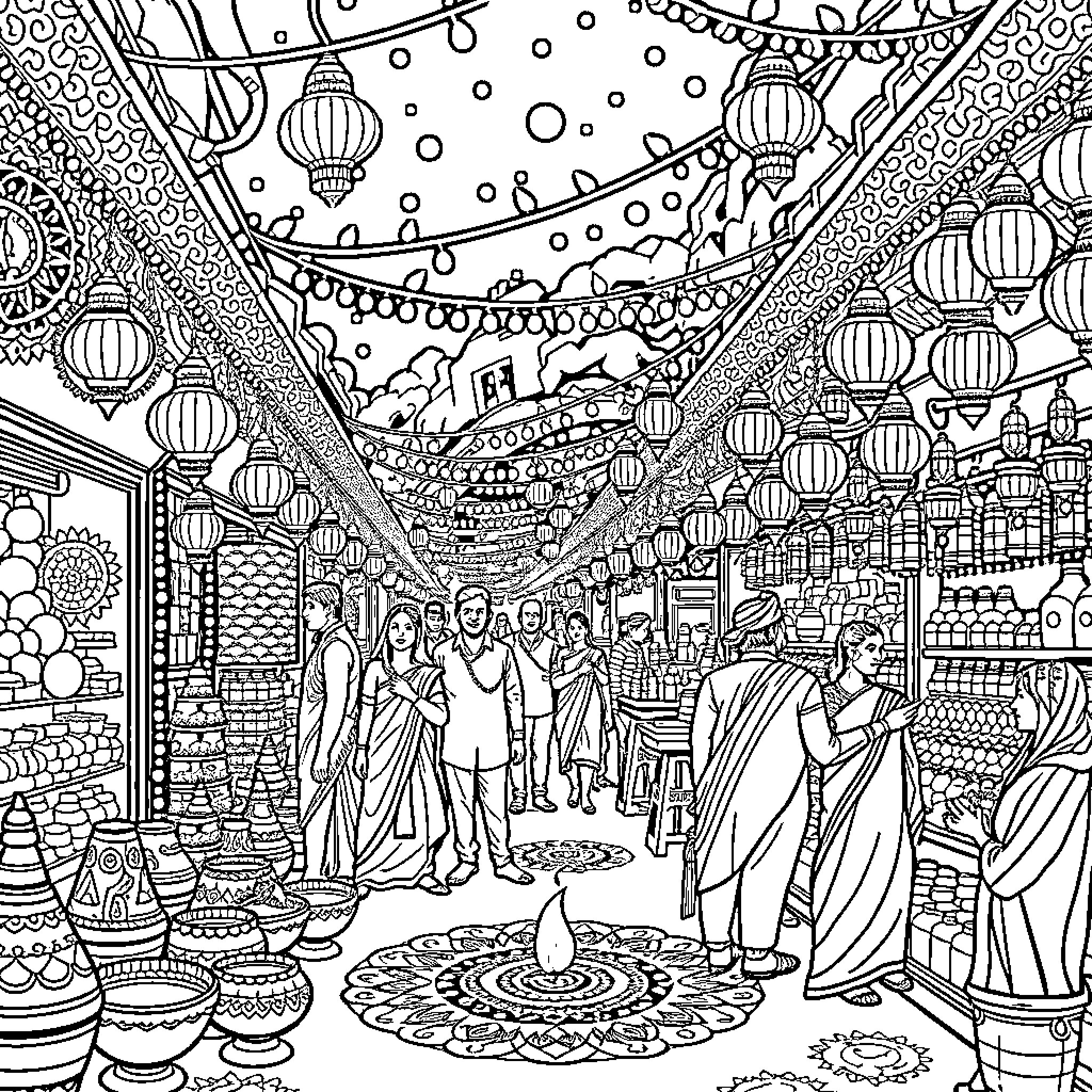 Diwali celebration with traditional attire and festivities Coloring Page (free black-and-white line drawing printable PDF for all, from beginners to advanced learners, including children, teens, adults, and seniors)