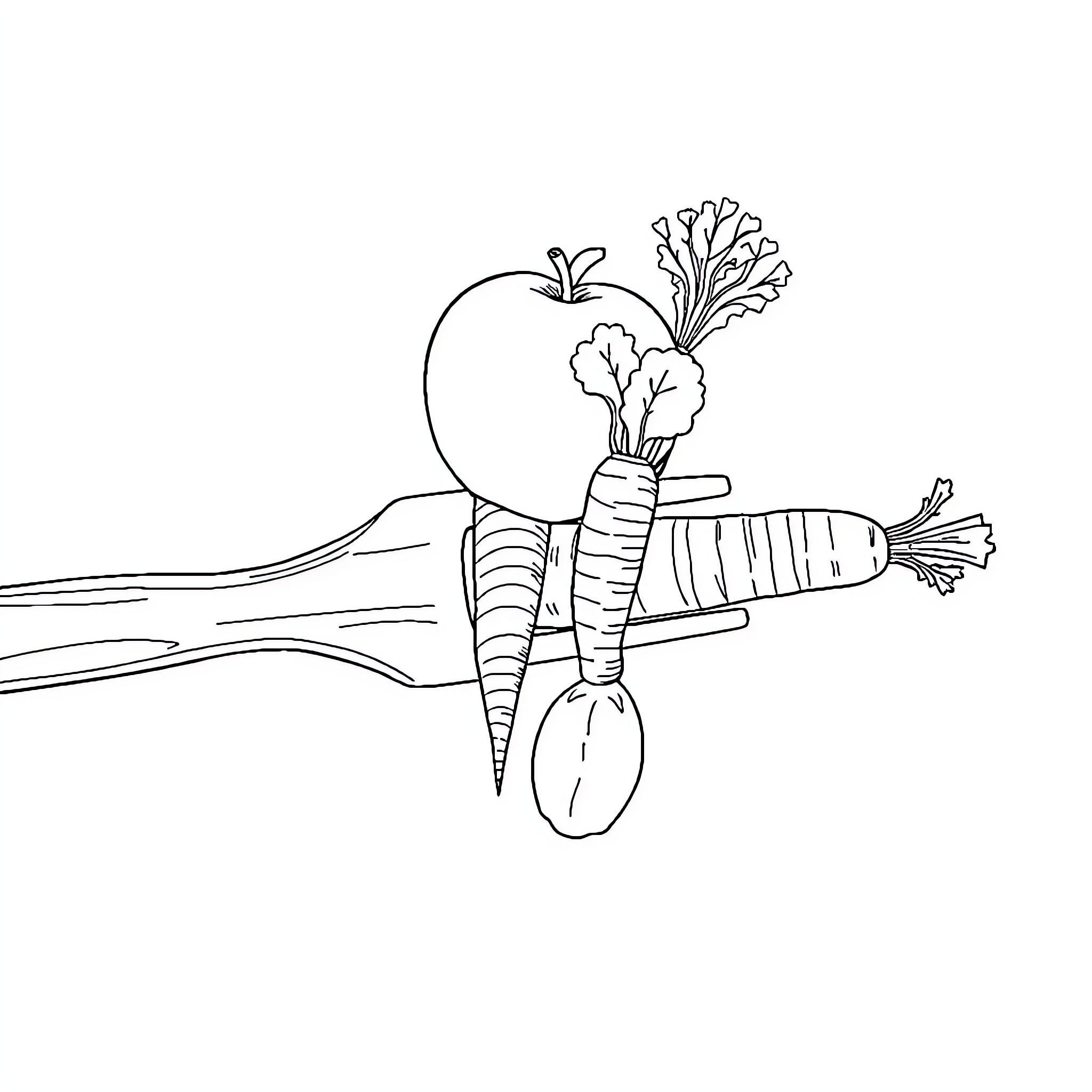 Pitchfork Carrying Assorted Vegetables Coloring Page (free black-and-white line drawing printable PDF for all, from beginners to advanced learners, including children, teens, adults, and seniors)