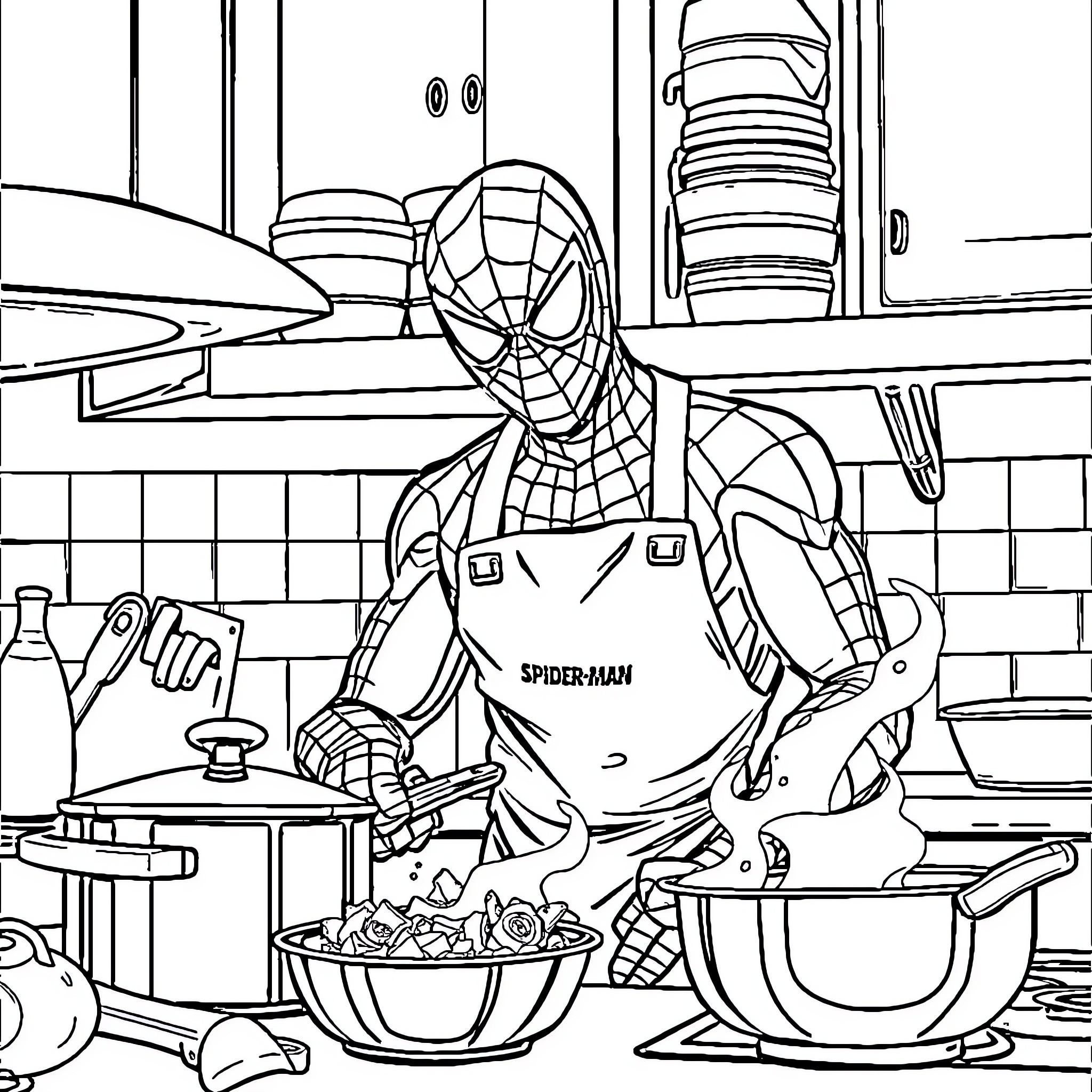Spiderman cooking in a kitchen environment Coloring Page (free black-and-white line drawing printable PDF for all, from beginners to advanced learners, including children, teens, adults, and seniors)
