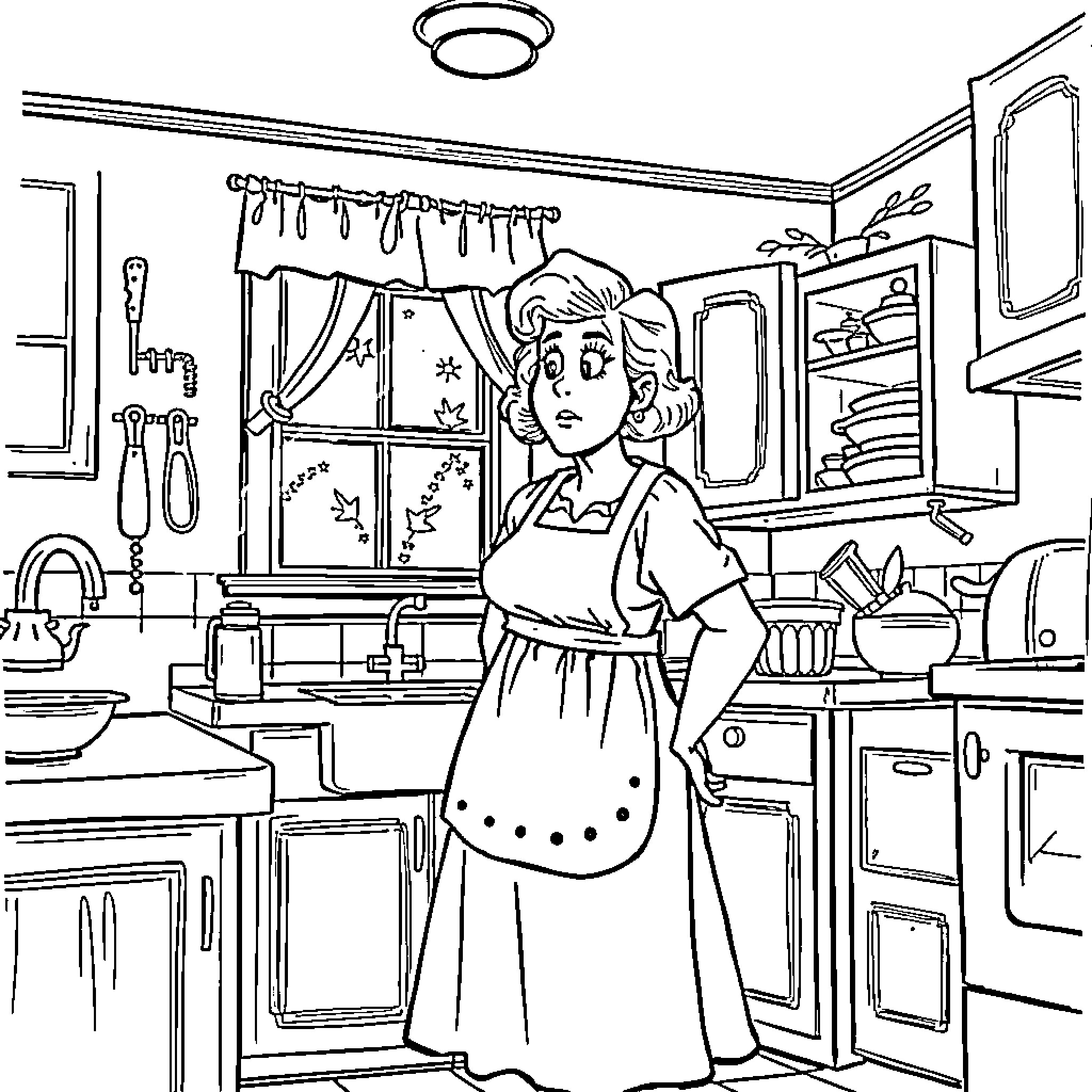 Aunt Cass cooking in the kitchen Coloring Page (free black-and-white line drawing printable PDF for all, from beginners to advanced learners, including children, teens, adults, and seniors)