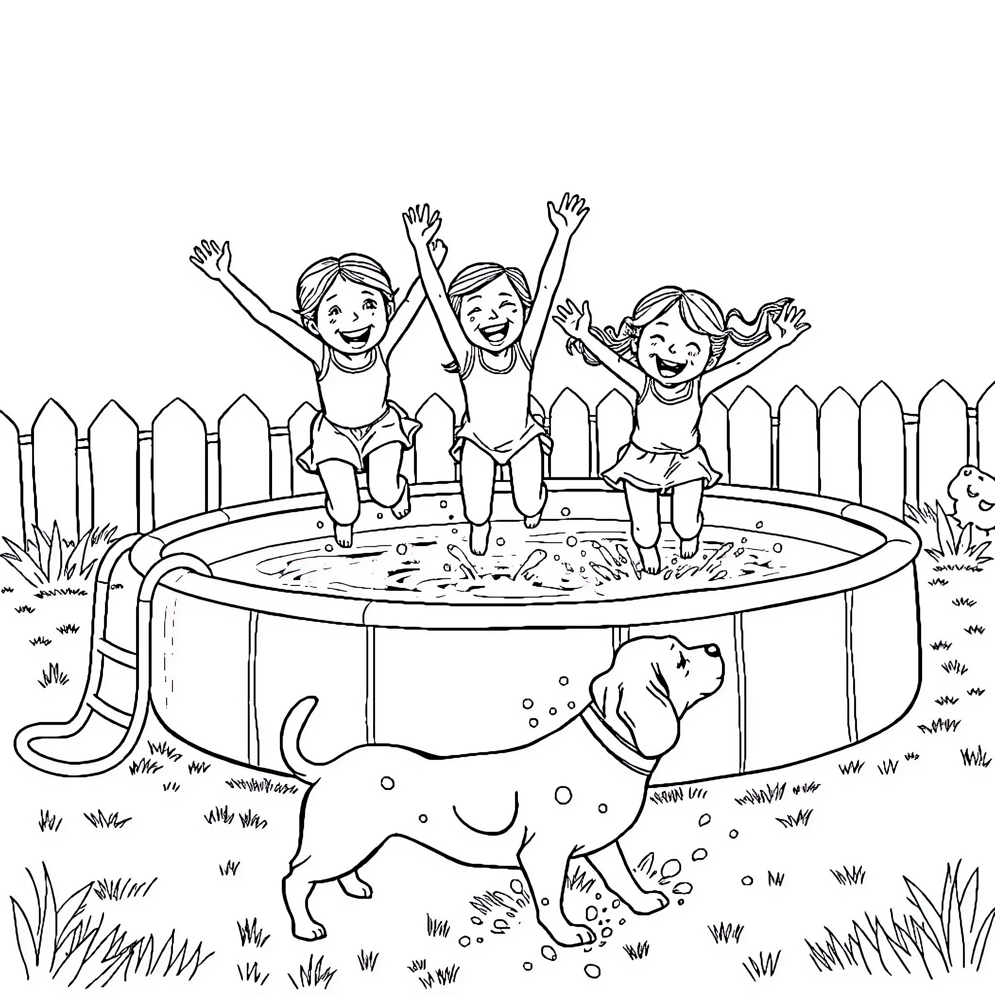 Girls Joyfully Playing in Backyard Sprinkler Coloring Page (free black-and-white line drawing printable PDF for all, from beginners to advanced learners, including children, teens, adults, and seniors)