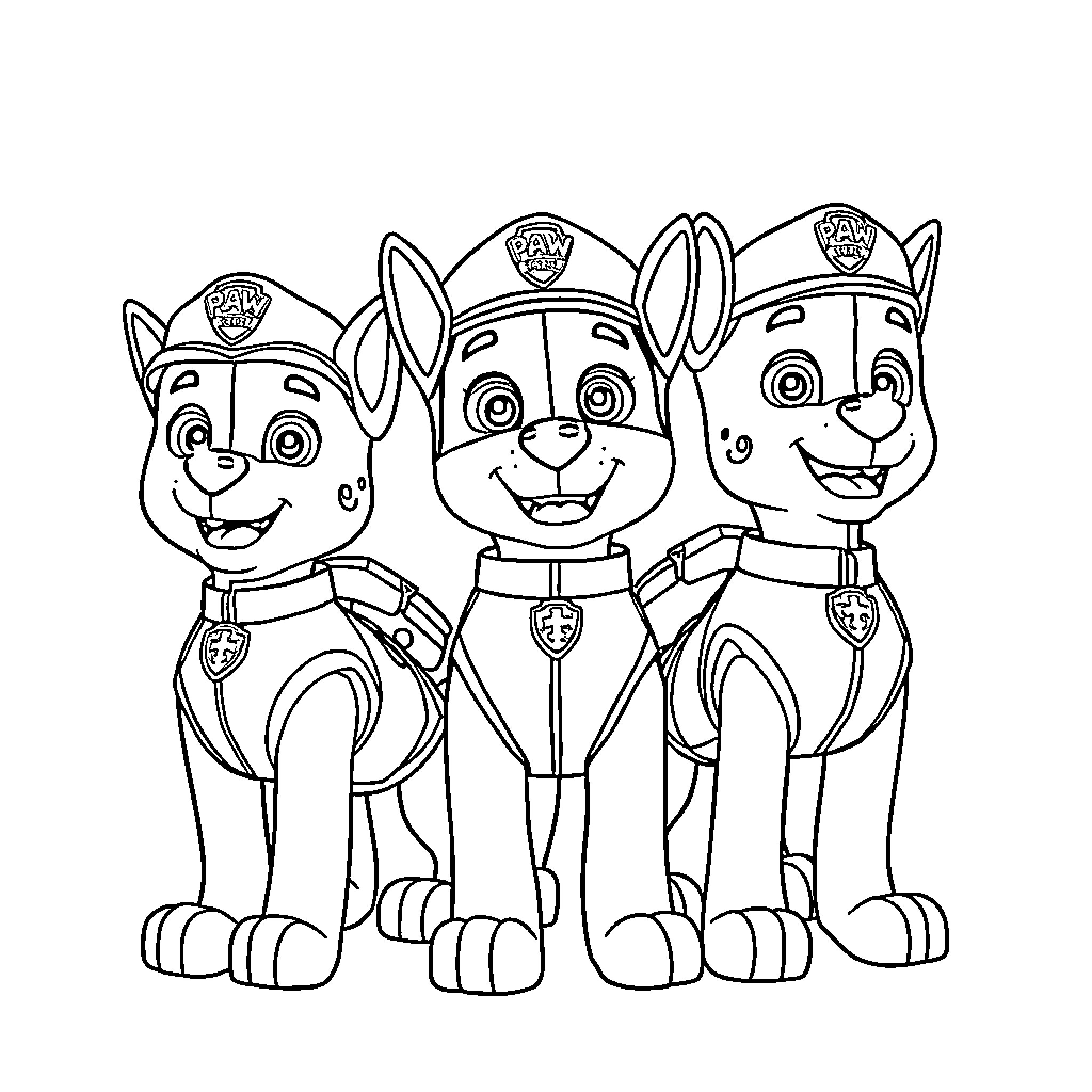 Paw Patrol pups in uniform and hats Coloring Page (free black-and-white line drawing printable PDF for all, from beginners to advanced learners, including children, teens, adults, and seniors)