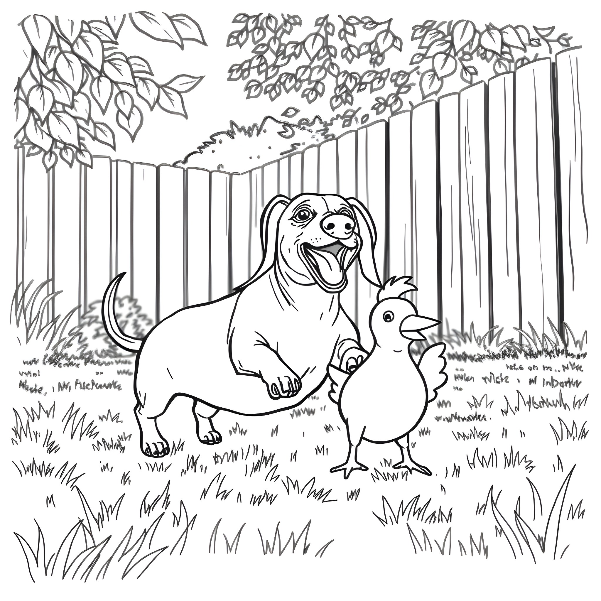 Dachshund playing with a chick in the garden Coloring Page (free black-and-white line drawing printable PDF for all, from beginners to advanced learners, including children, teens, adults, and seniors)