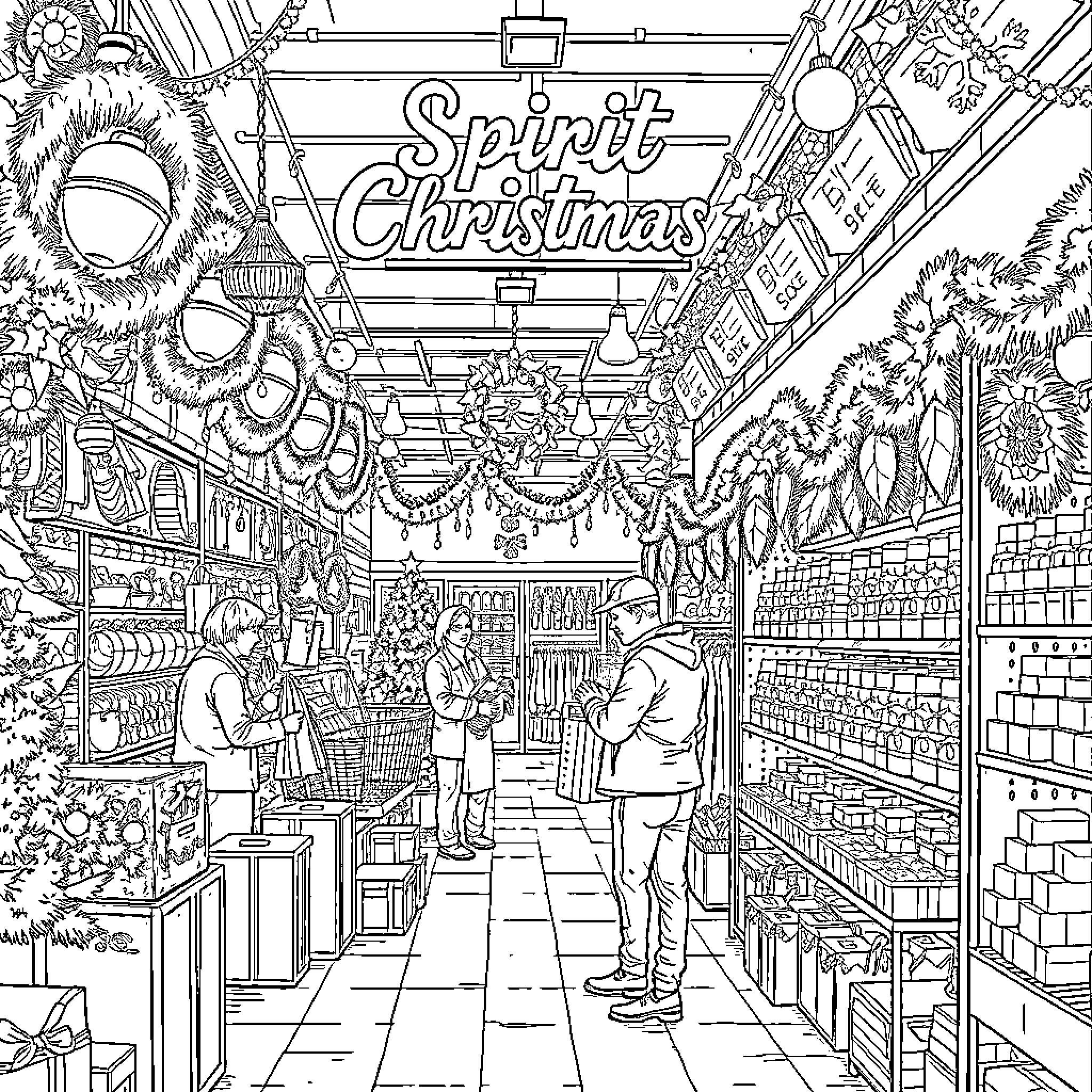 Christmas Spirit in a Festive Retail Store Coloring Page (free black-and-white line drawing printable PDF for all, from beginners to advanced learners, including children, teens, adults, and seniors)